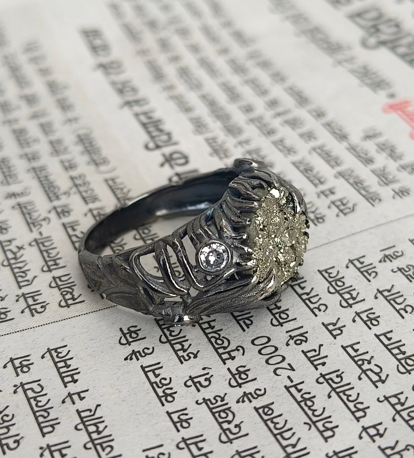 Raw Rough Pyrite Antique Boho Silver Statement Ring - SILVERFORESTAA