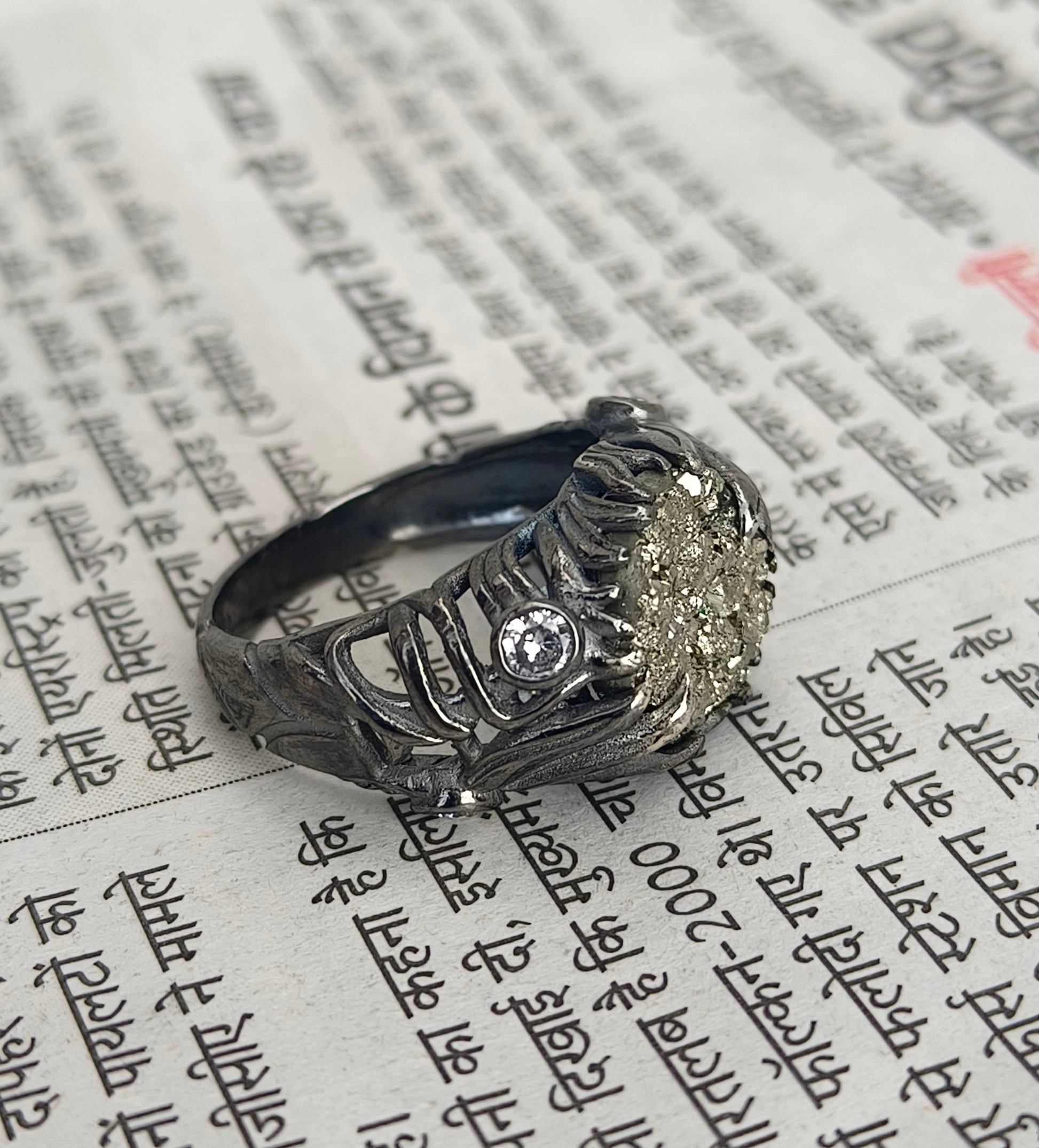 Raw Rough Pyrite Antique Boho Silver Statement Ring - SILVERFORESTAA