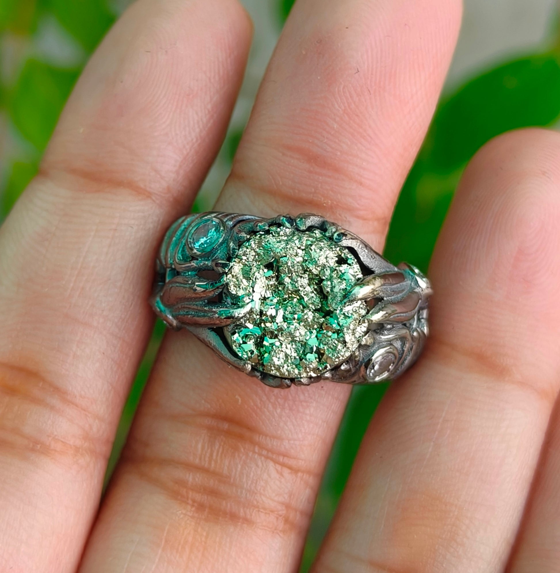Raw Rough Pyrite Antique Boho Silver Statement Ring - SILVERFORESTAA