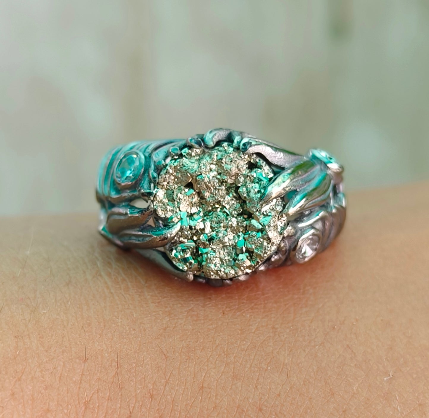 Raw Rough Pyrite Antique Boho Silver Statement Ring - SILVERFORESTAA