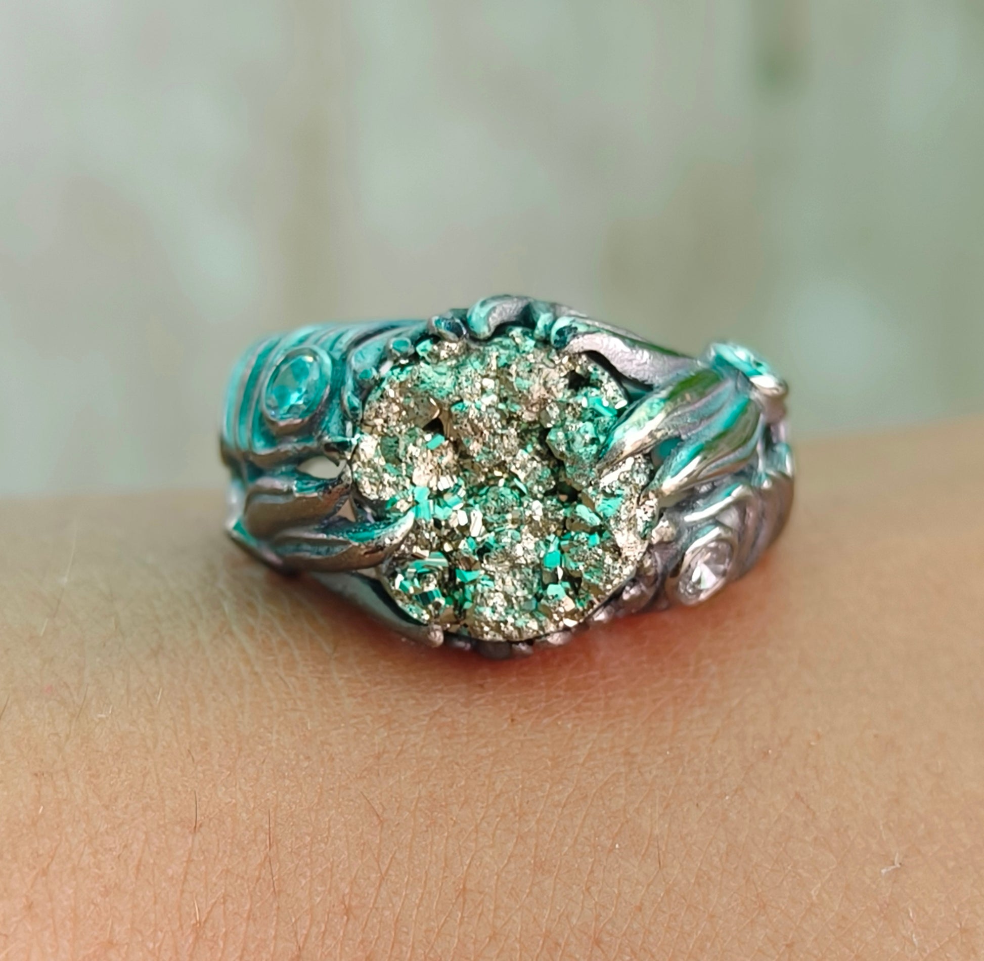 Raw Rough Pyrite Antique Boho Silver Statement Ring - SILVERFORESTAA