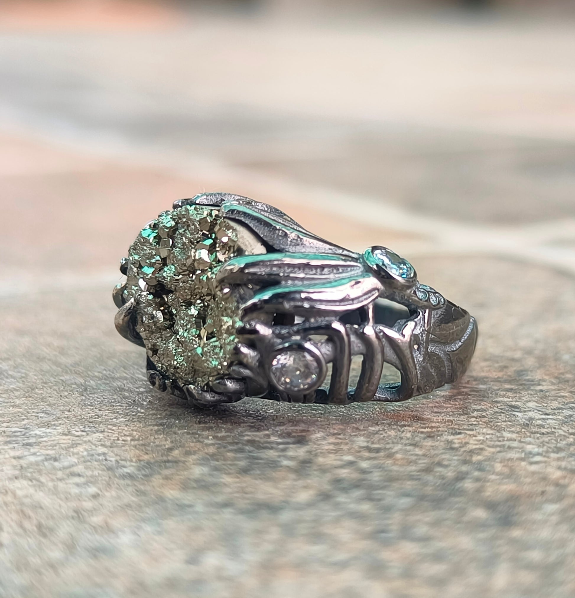 Raw Rough Pyrite Antique Boho Silver Statement Ring - SILVERFORESTAA