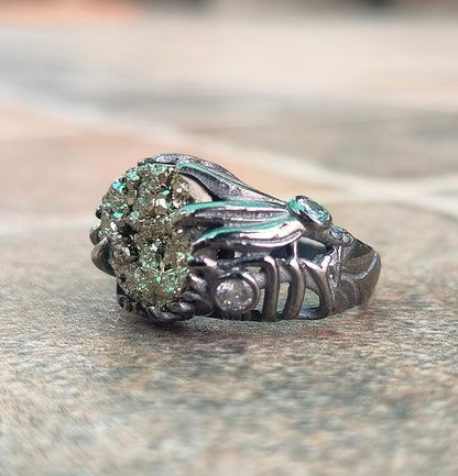 Raw Rough Pyrite Antique Boho Silver Statement Ring - SILVERFORESTAA