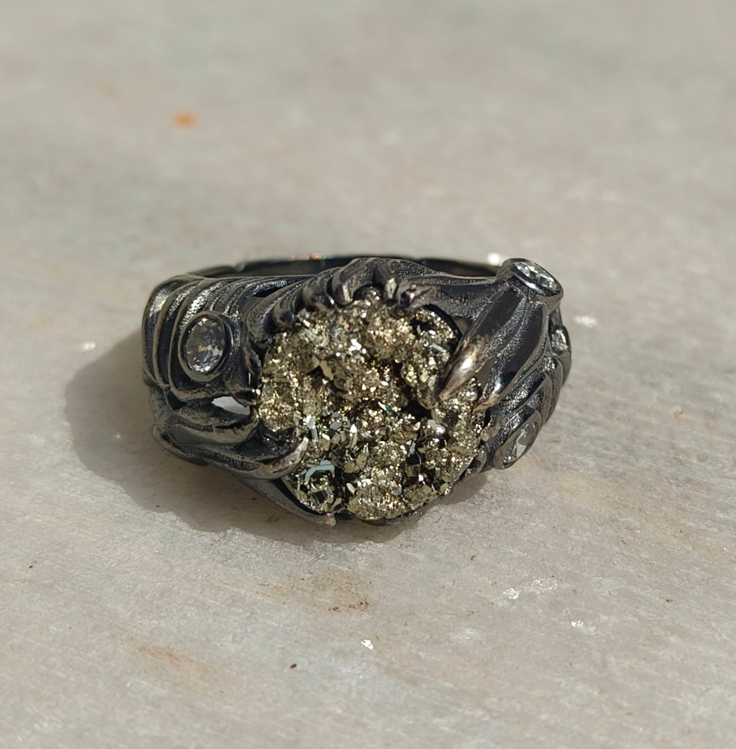 Raw Rough Pyrite Antique Boho Silver Statement Ring - SILVERFORESTAA