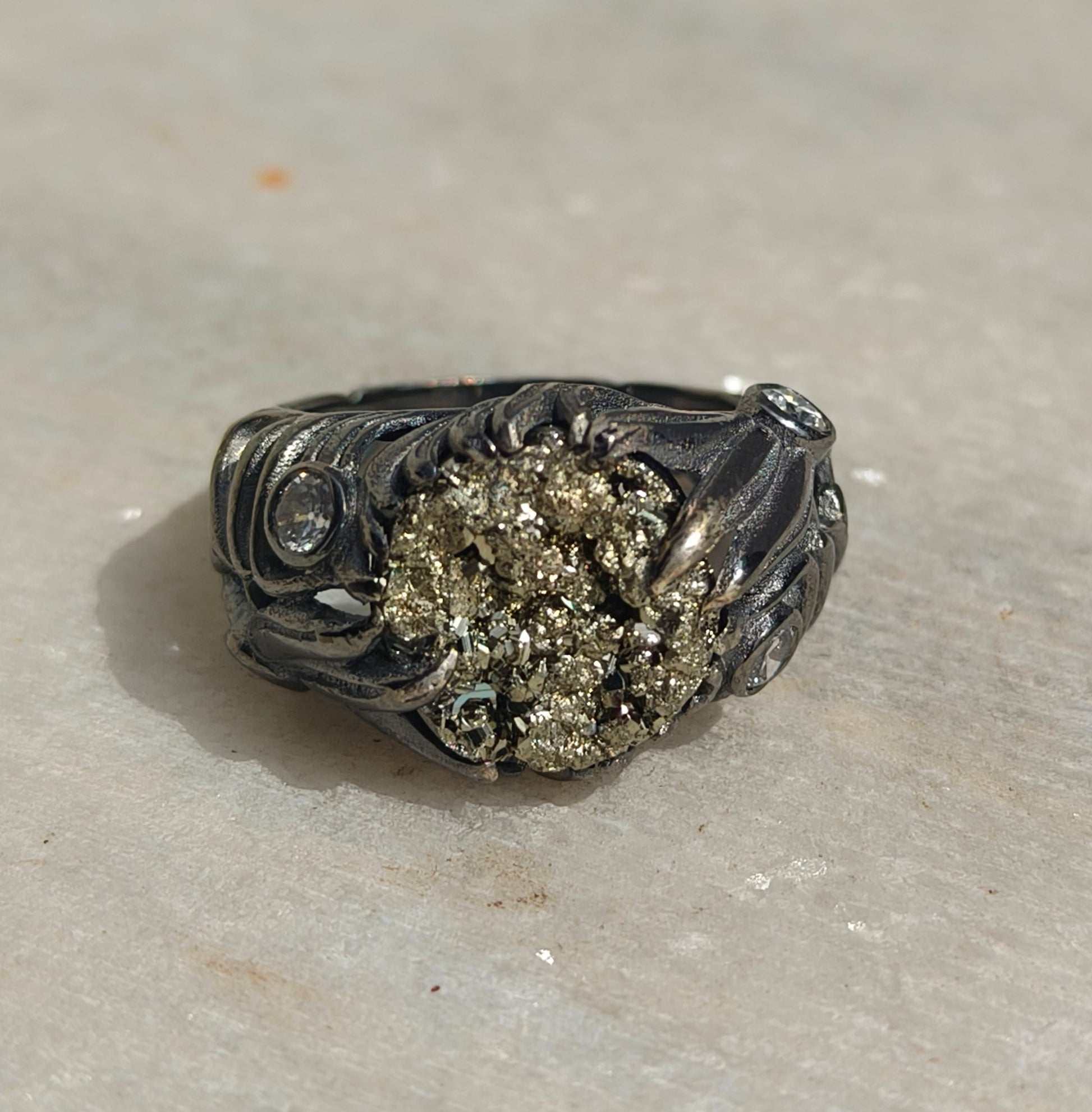 Raw Rough Pyrite Antique Boho Silver Statement Ring - SILVERFORESTAA