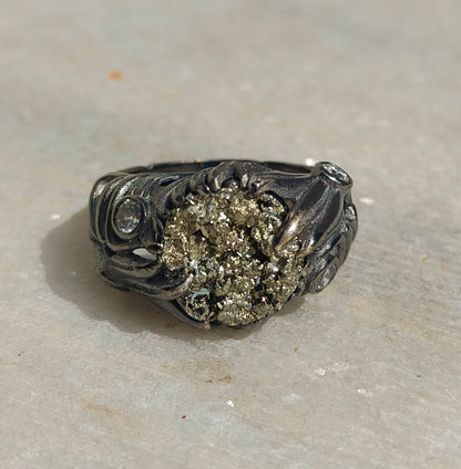 Raw Rough Pyrite Antique Boho Silver Statement Ring - SILVERFORESTAA