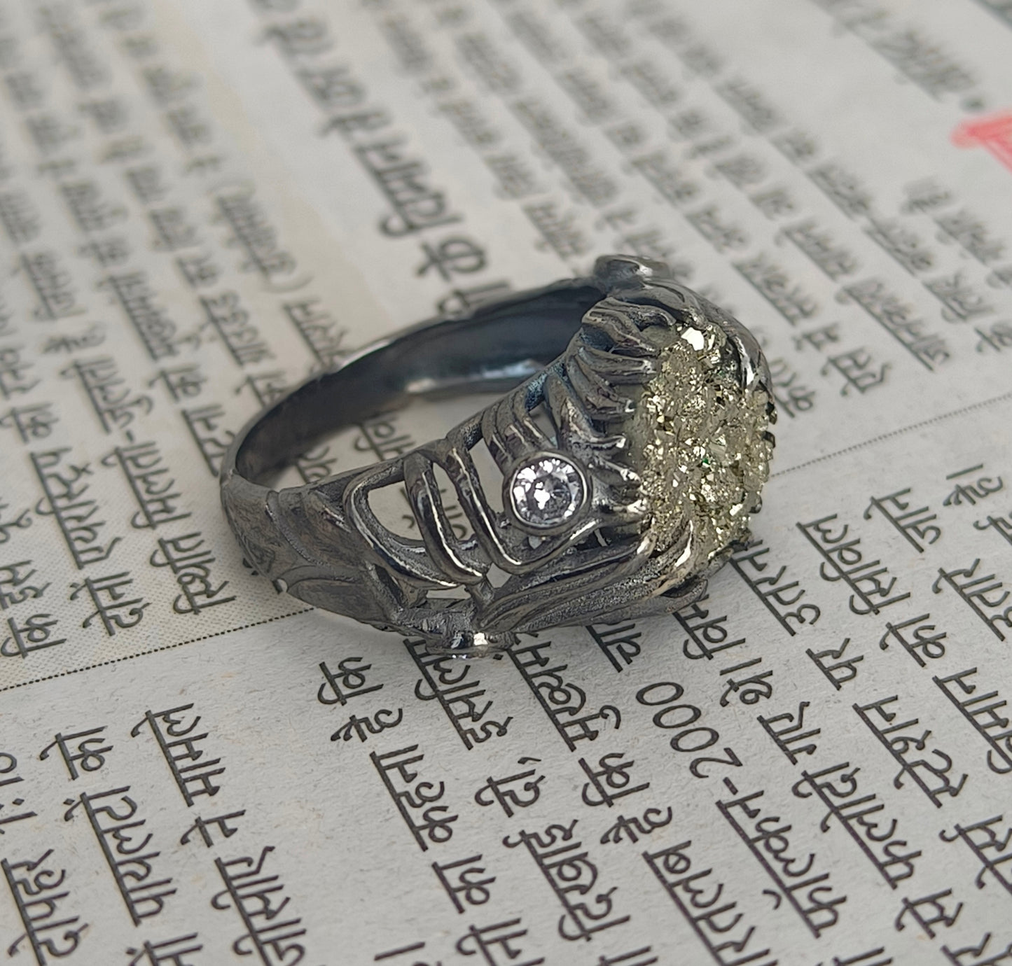 Raw Rough Pyrite Antique Boho Silver Statement Ring - SILVERFORESTAA