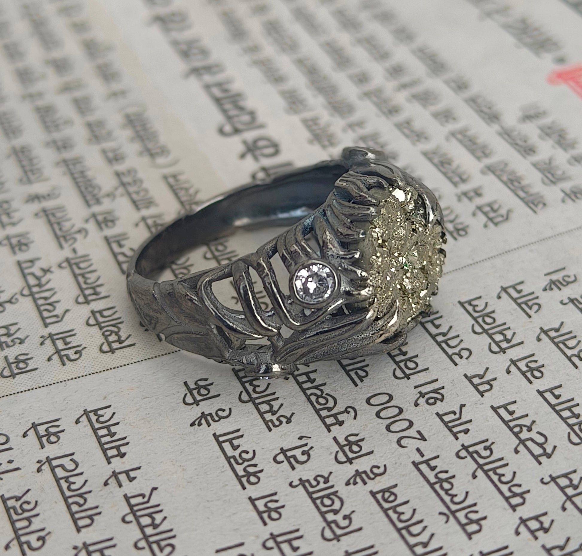 Raw Rough Pyrite Antique Boho Silver Statement Ring - SILVERFORESTAA