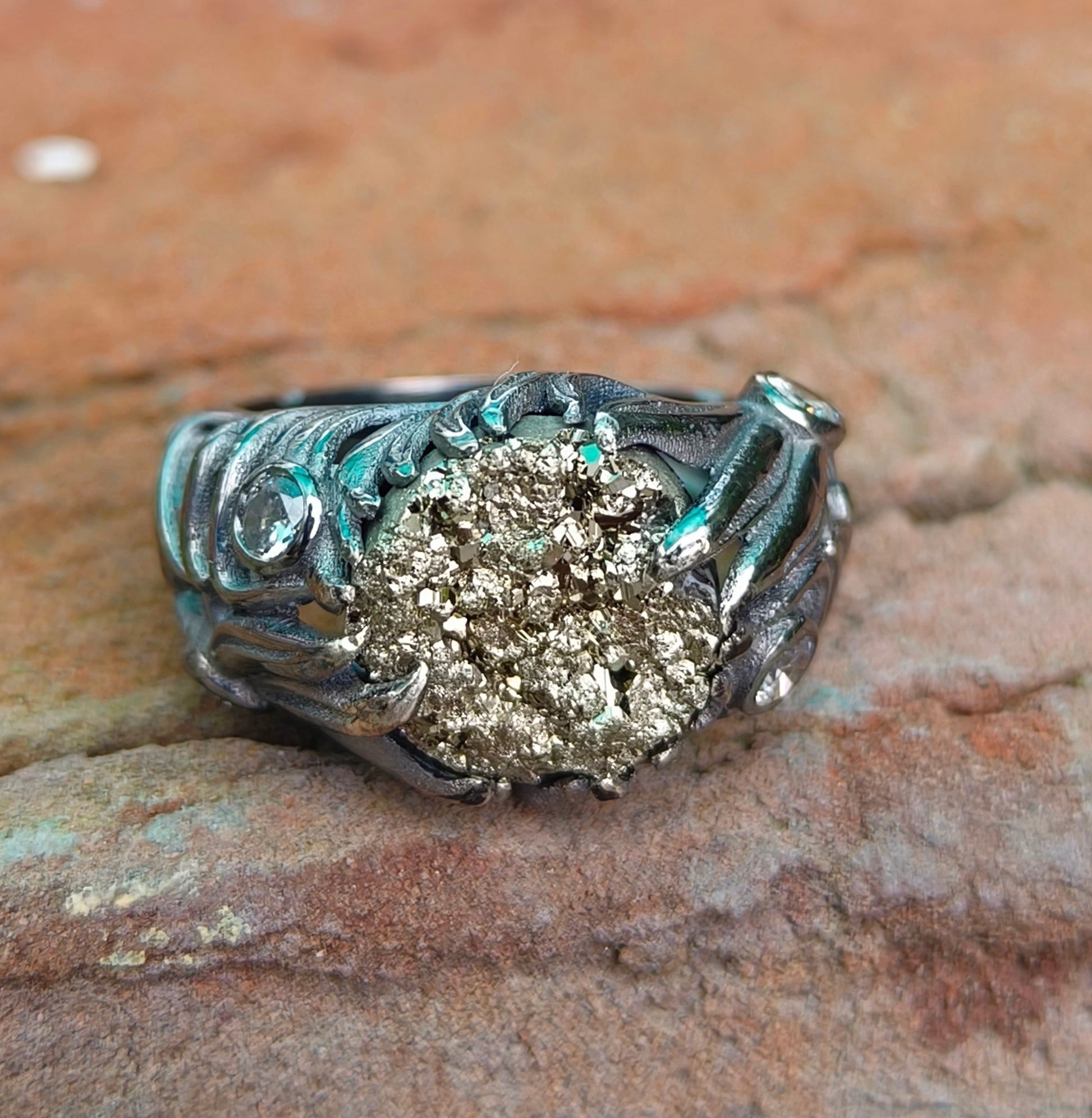 Raw Rough Pyrite Antique Boho Silver Statement Ring - SILVERFORESTAA