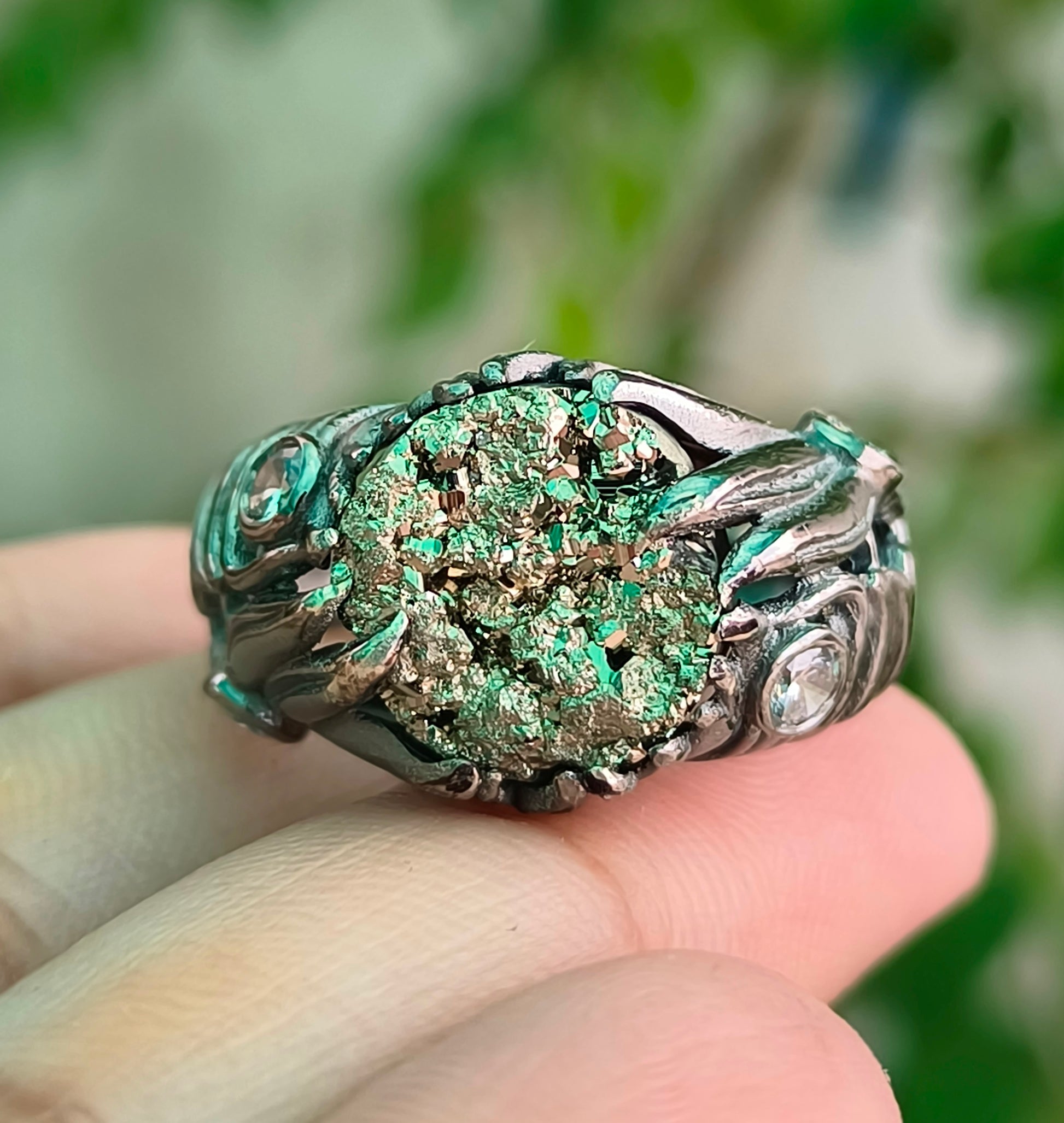 Raw Rough Pyrite Antique Boho Silver Statement Ring - SILVERFORESTAA