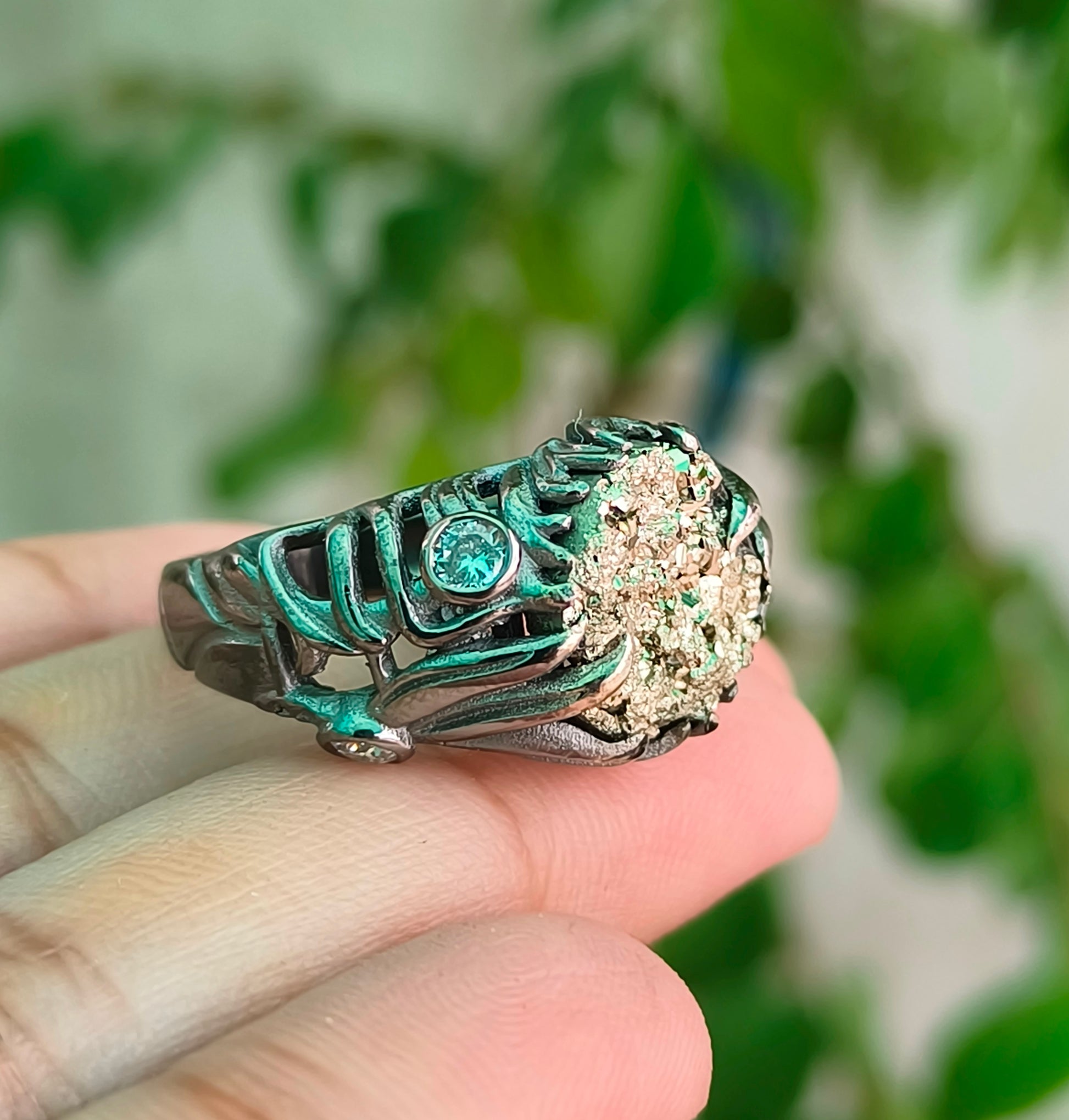 Raw Rough Pyrite Antique Boho Silver Statement Ring - SILVERFORESTAA