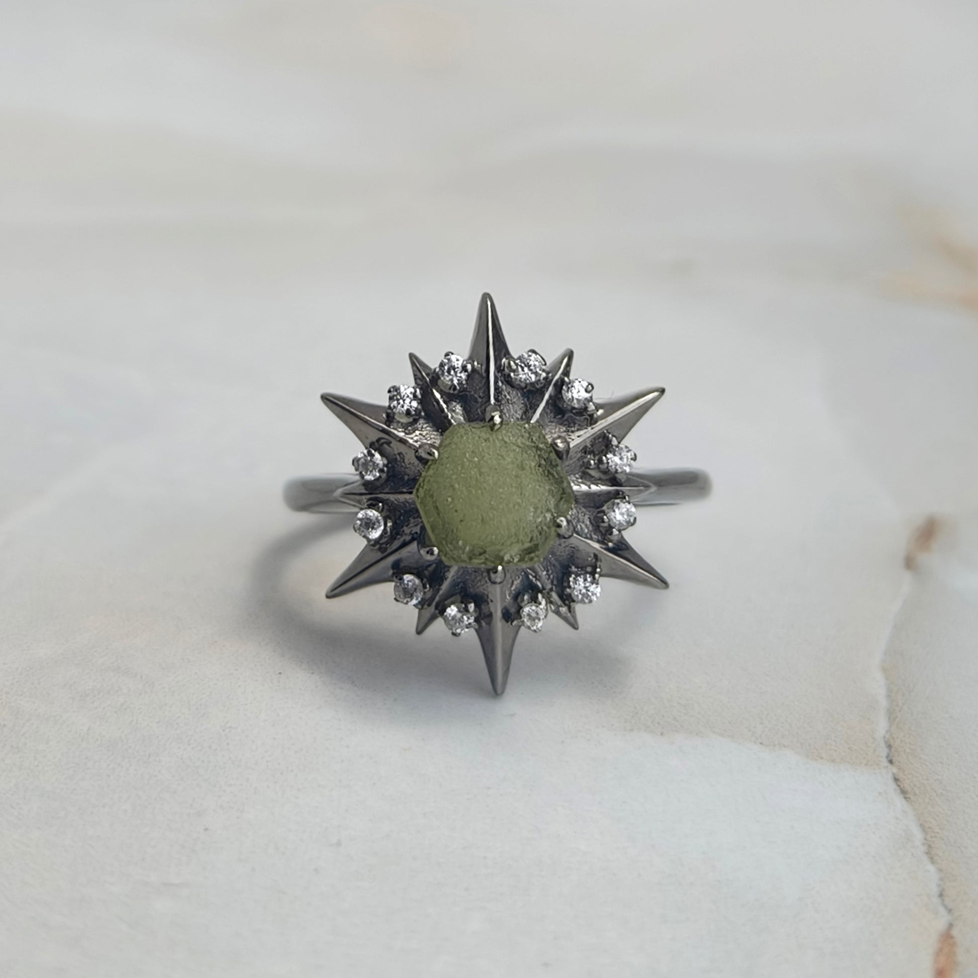 925 Sterling Silver Raw Moldavite Engagement Ring - SILVERFORESTAA
