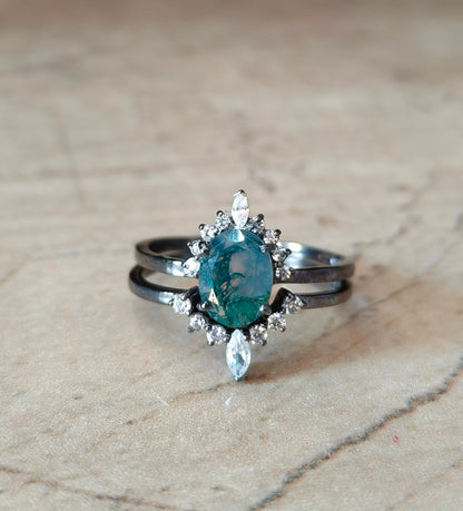 925 Silver Moss Agate Rings Set | SilverForestaa - SILVERFORESTAA
