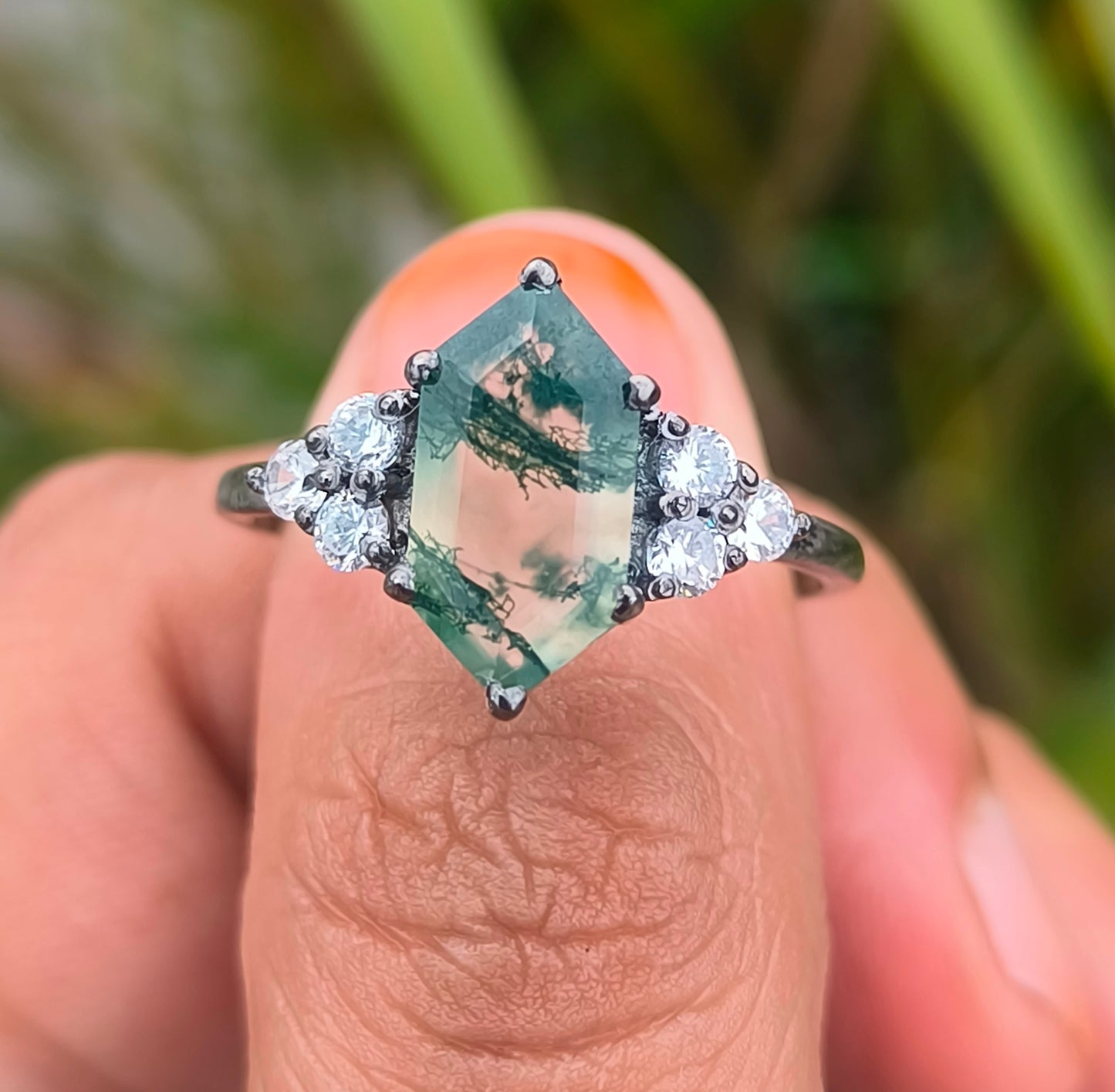 Hexagon Moss Agate Dainty Engagement Ring – 925 Sterling Silver - SILVERFORESTAA