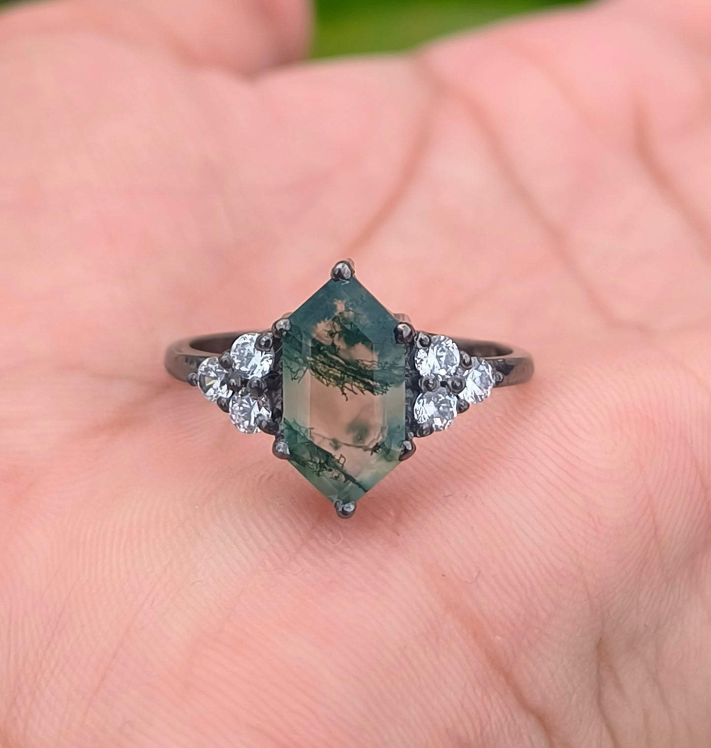 Hexagon Moss Agate Dainty Engagement Ring – 925 Sterling Silver - SILVERFORESTAA