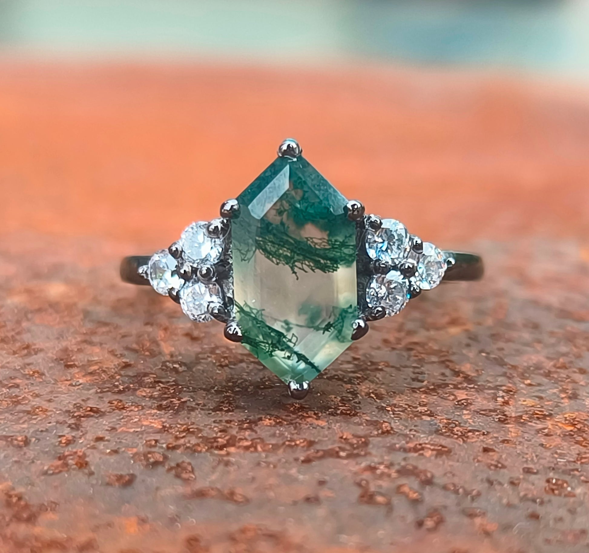 Hexagon Moss Agate Dainty Engagement Ring – 925 Sterling Silver - SILVERFORESTAA