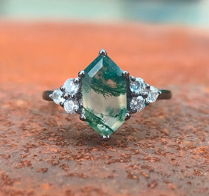 Hexagon Moss Agate Dainty Engagement Ring – 925 Sterling Silver - SILVERFORESTAA