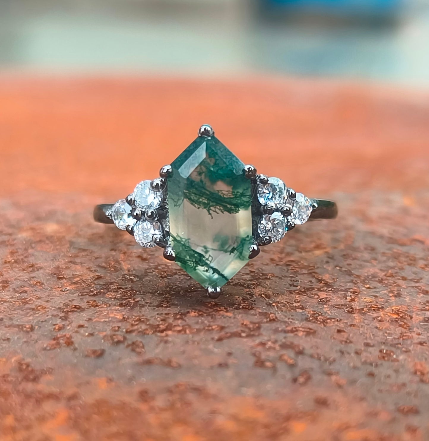 Hexagon Moss Agate Dainty Engagement Ring – 925 Sterling Silver - SILVERFORESTAA