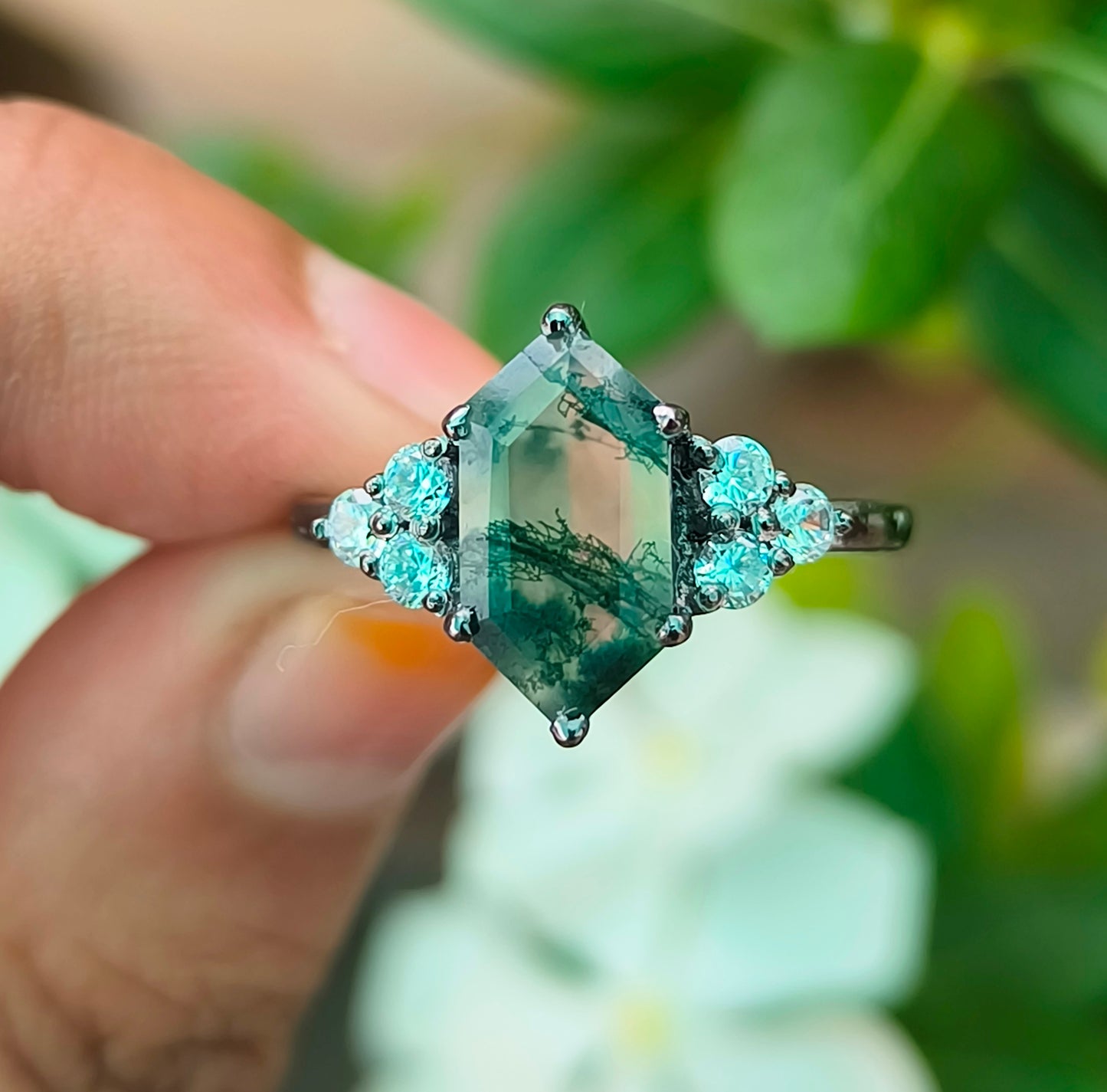 Hexagon Moss Agate Dainty Engagement Ring – 925 Sterling Silver - SILVERFORESTAA