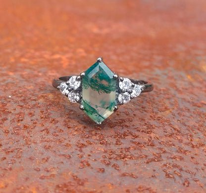 Hexagon Moss Agate Dainty Engagement Ring – 925 Sterling Silver - SILVERFORESTAA