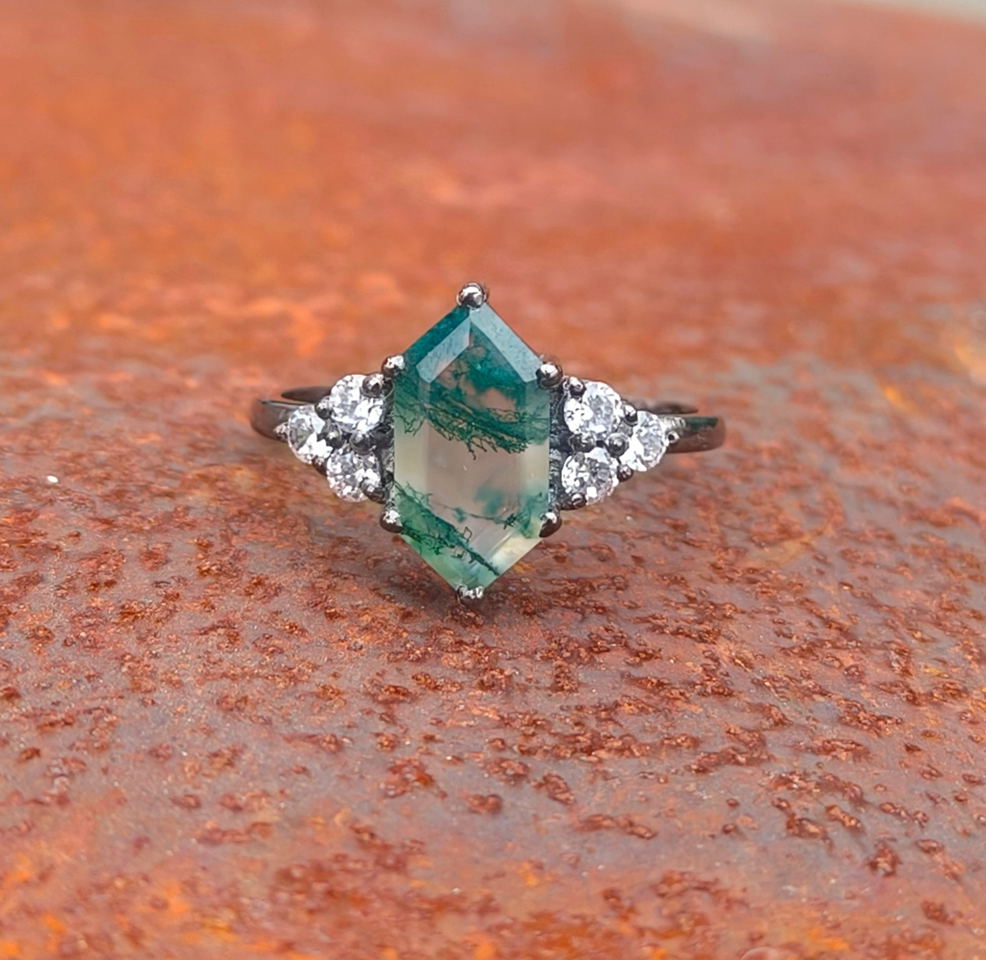 Hexagon Moss Agate Dainty Engagement Ring – 925 Sterling Silver - SILVERFORESTAA
