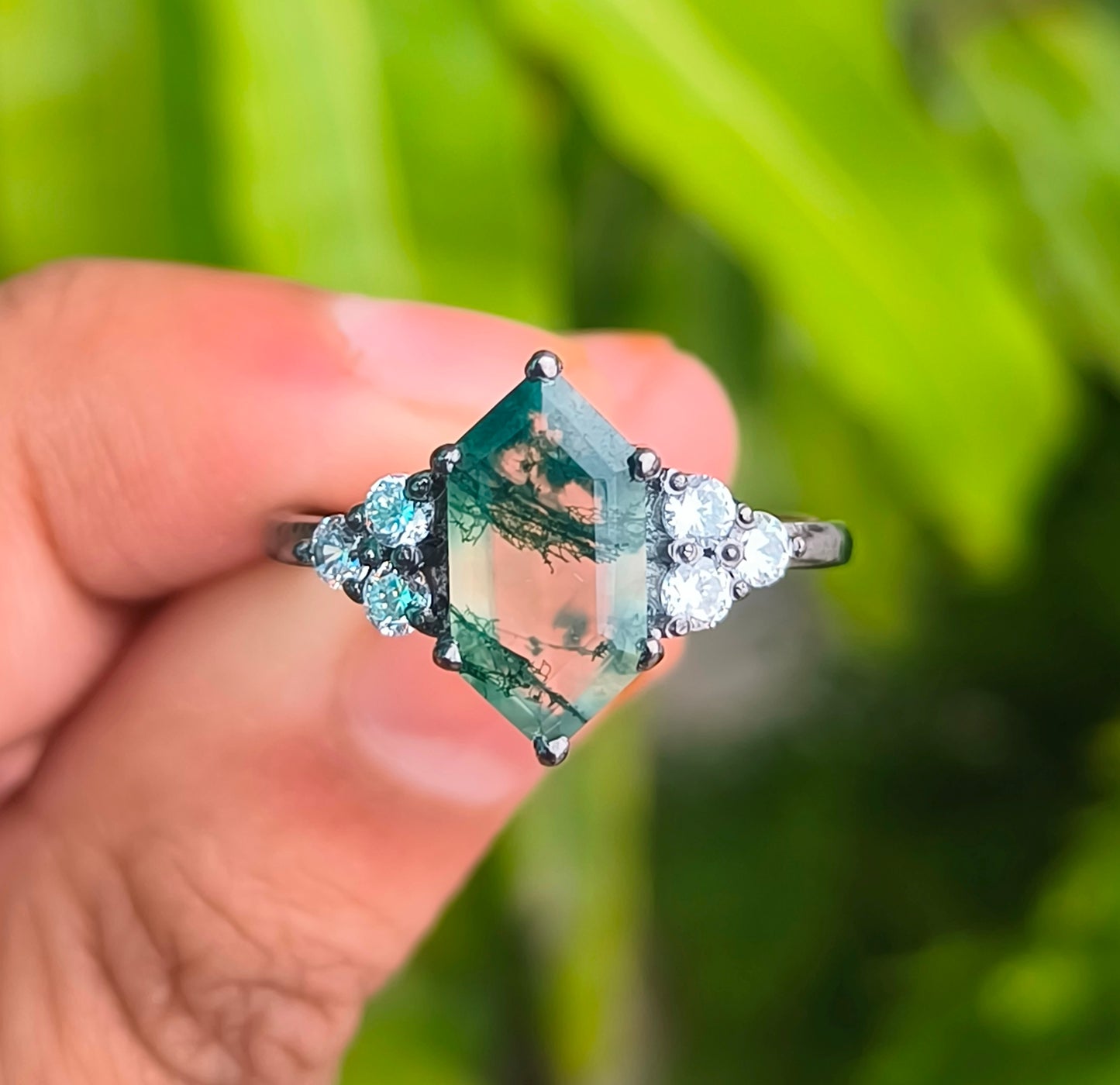 Hexagon Moss Agate Dainty Engagement Ring – 925 Sterling Silver - SILVERFORESTAA