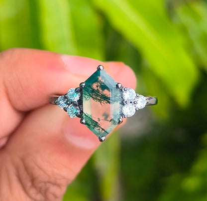 Hexagon Moss Agate Dainty Engagement Ring – 925 Sterling Silver - SILVERFORESTAA