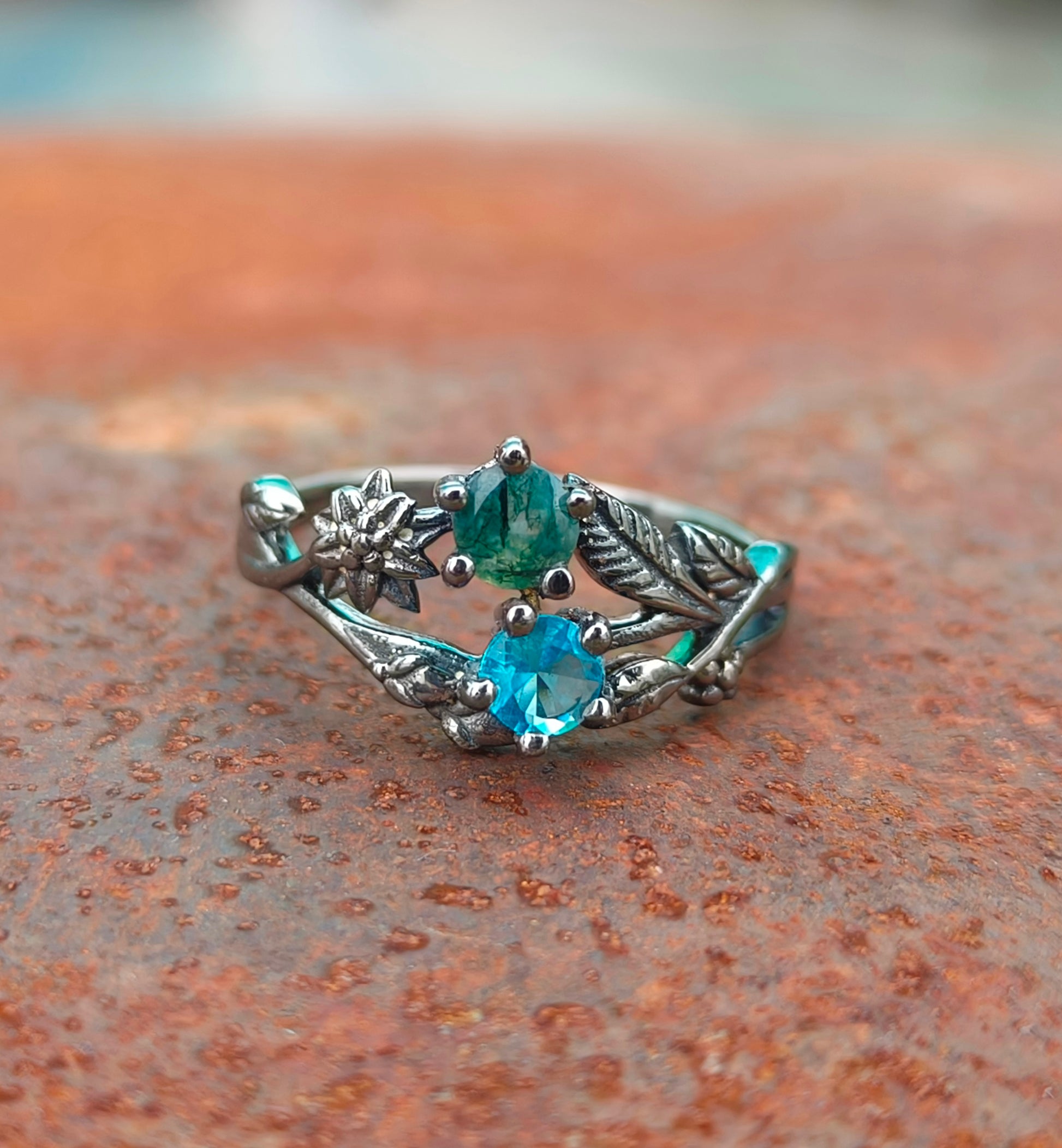 Moss Agate Ring: 925 Sterling Silver Twig Band, Nature Inspired - SILVERFORESTAA