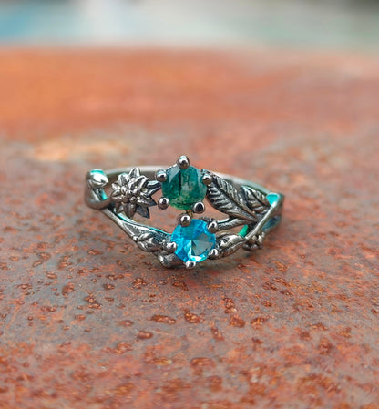 Moss Agate Ring: 925 Sterling Silver Twig Band, Nature Inspired - SILVERFORESTAA