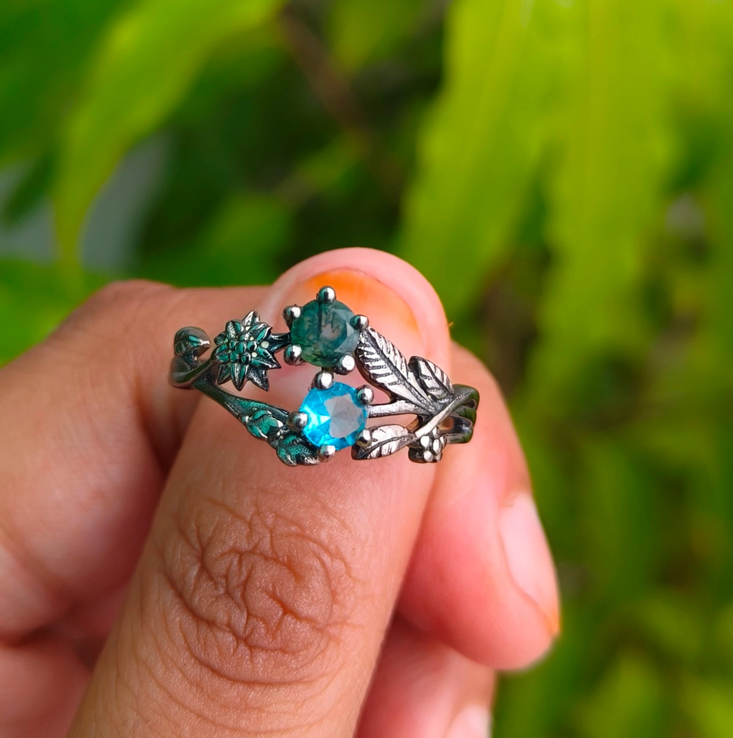 Moss Agate Ring: 925 Sterling Silver Twig Band, Nature Inspired - SILVERFORESTAA