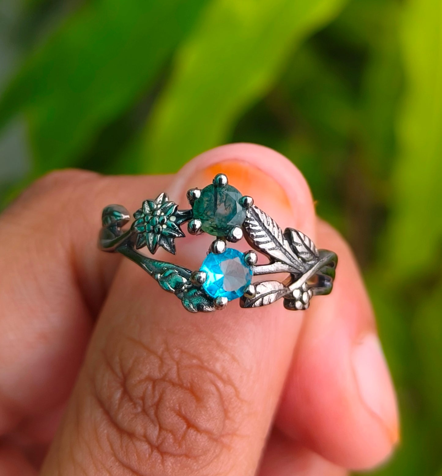 Moss Agate Ring: 925 Sterling Silver Twig Band, Nature Inspired - SILVERFORESTAA