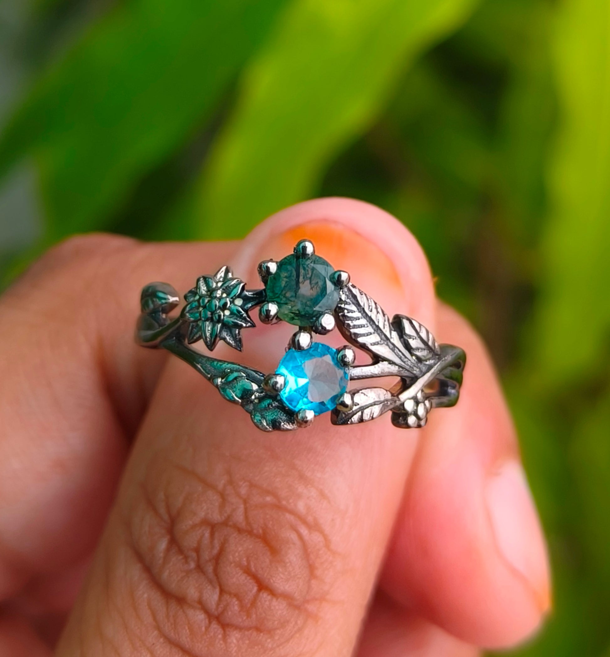 Moss Agate Ring: 925 Sterling Silver Twig Band, Nature Inspired - SILVERFORESTAA