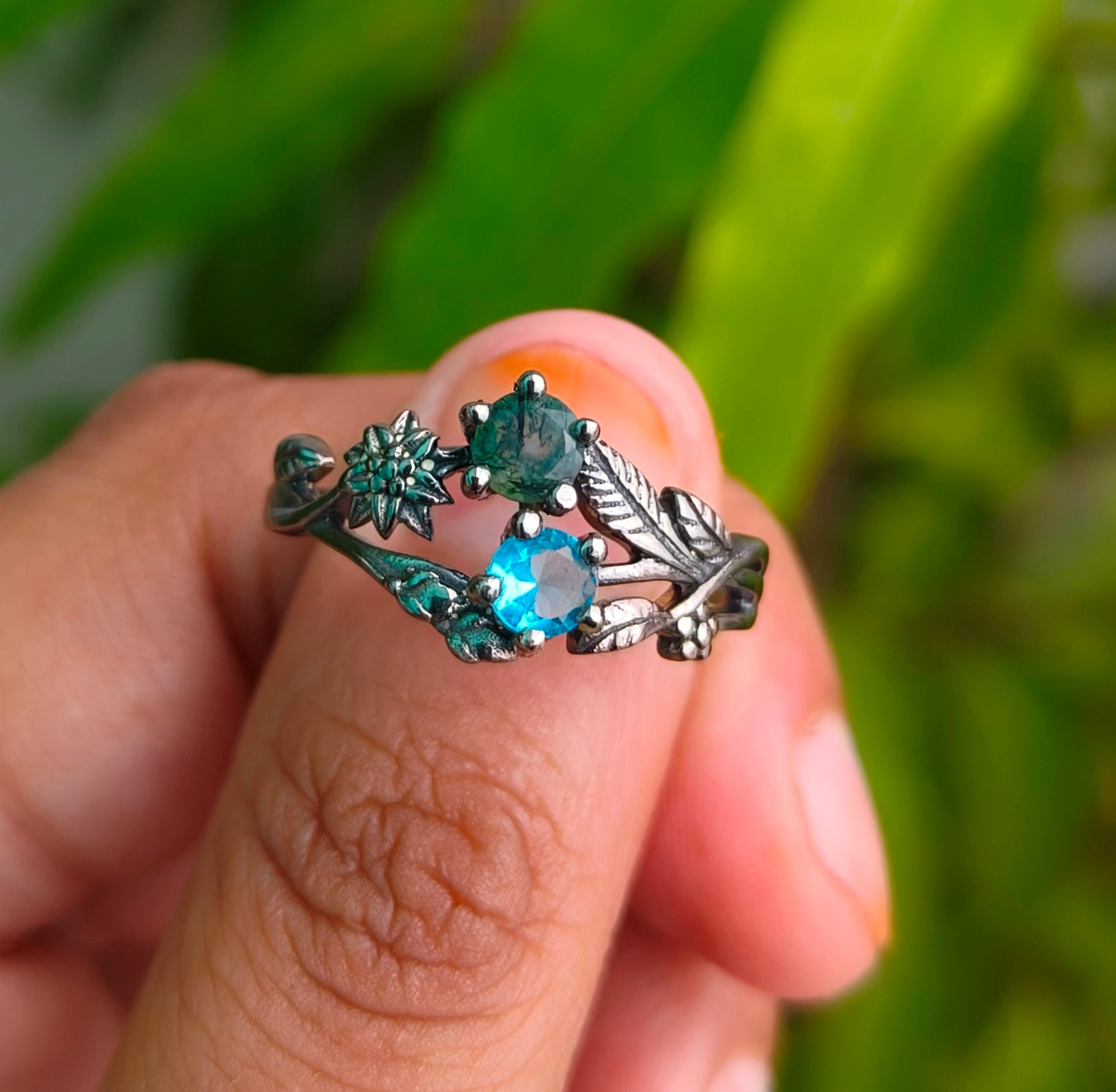 Moss Agate Ring: 925 Sterling Silver Twig Band, Nature Inspired - SILVERFORESTAA