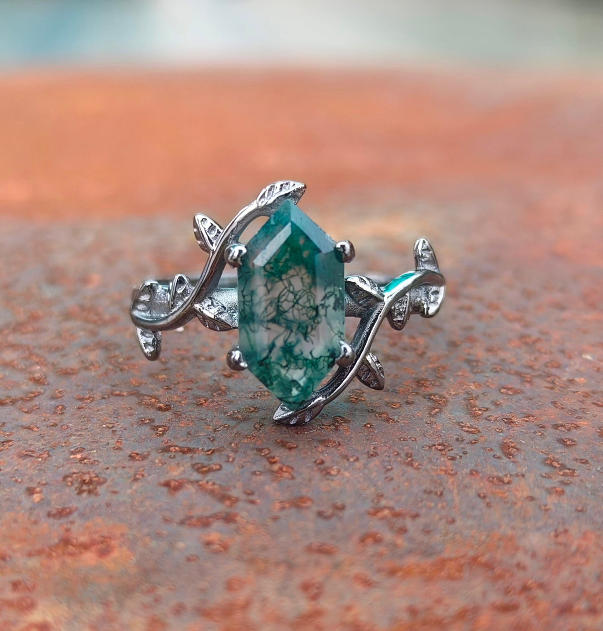 Witchy Moss Agate Leaf Ring 925 Sterling Silver | SilverForestaa - SILVERFORESTAA
