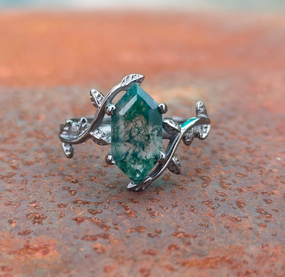 Witchy Moss Agate Leaf Ring 925 Sterling Silver | SilverForestaa - SILVERFORESTAA