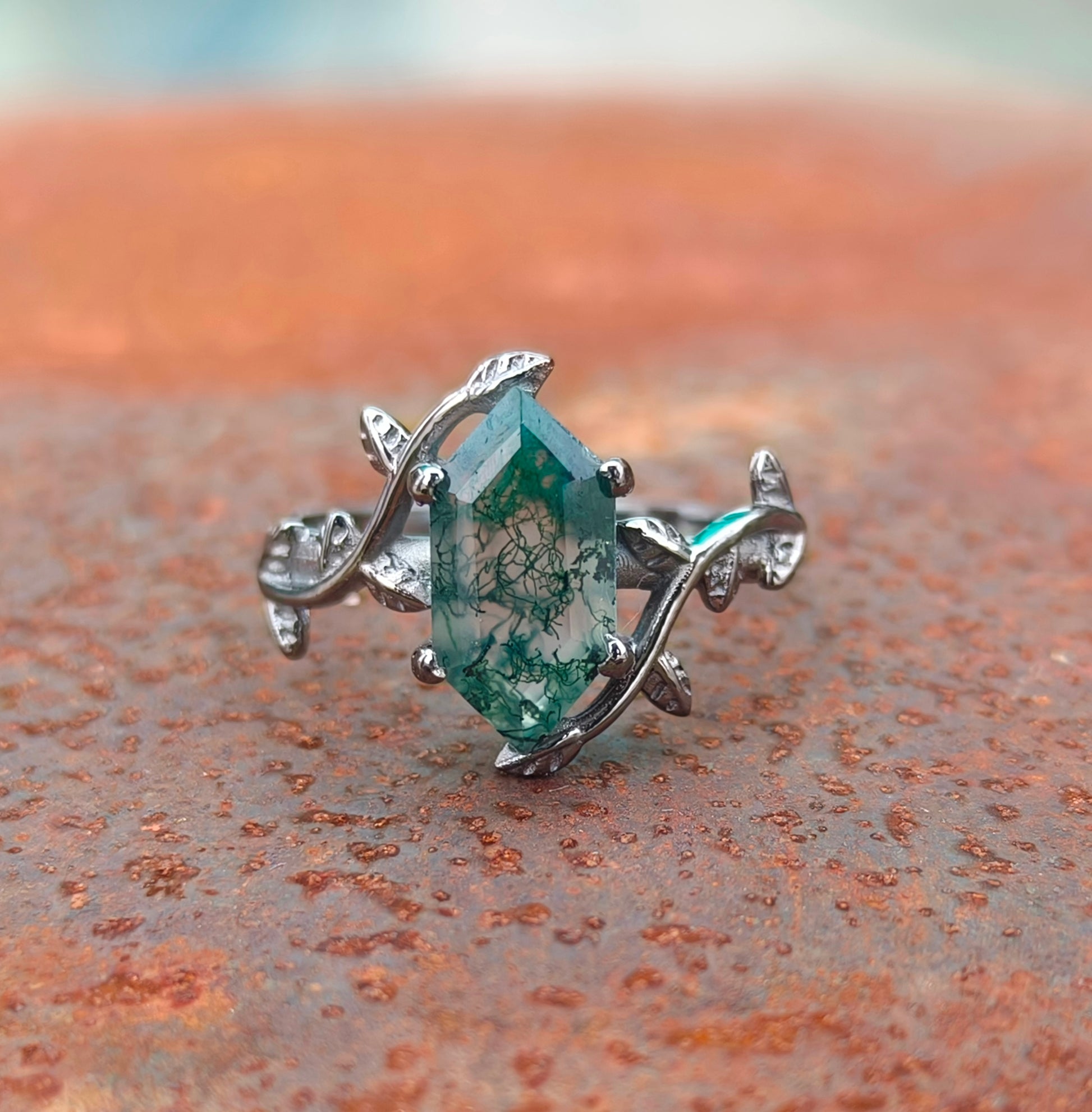 Witchy Moss Agate Leaf Ring 925 Sterling Silver | SilverForestaa - SILVERFORESTAA