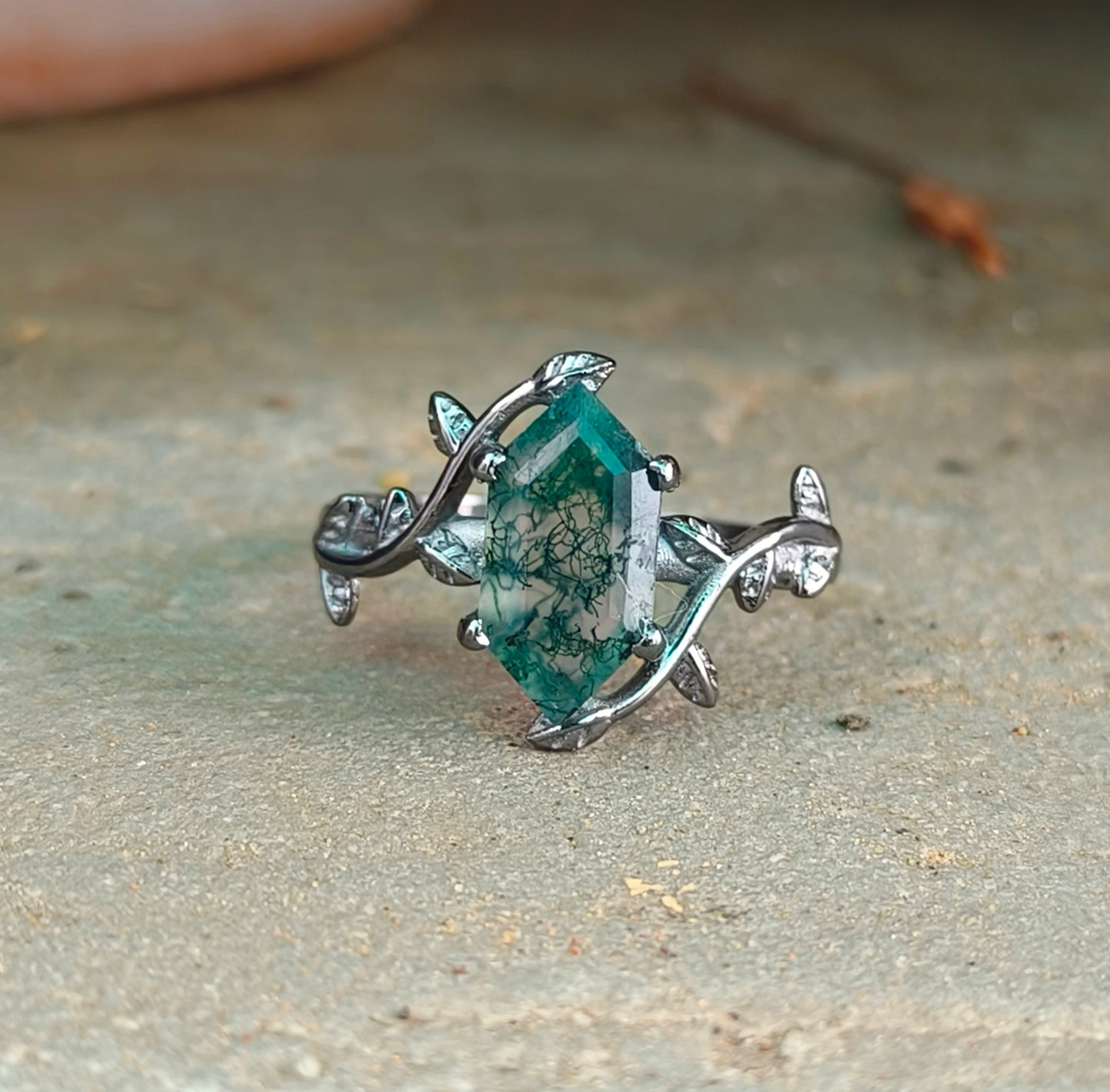 Witchy Moss Agate Leaf Ring 925 Sterling Silver | SilverForestaa - SILVERFORESTAA