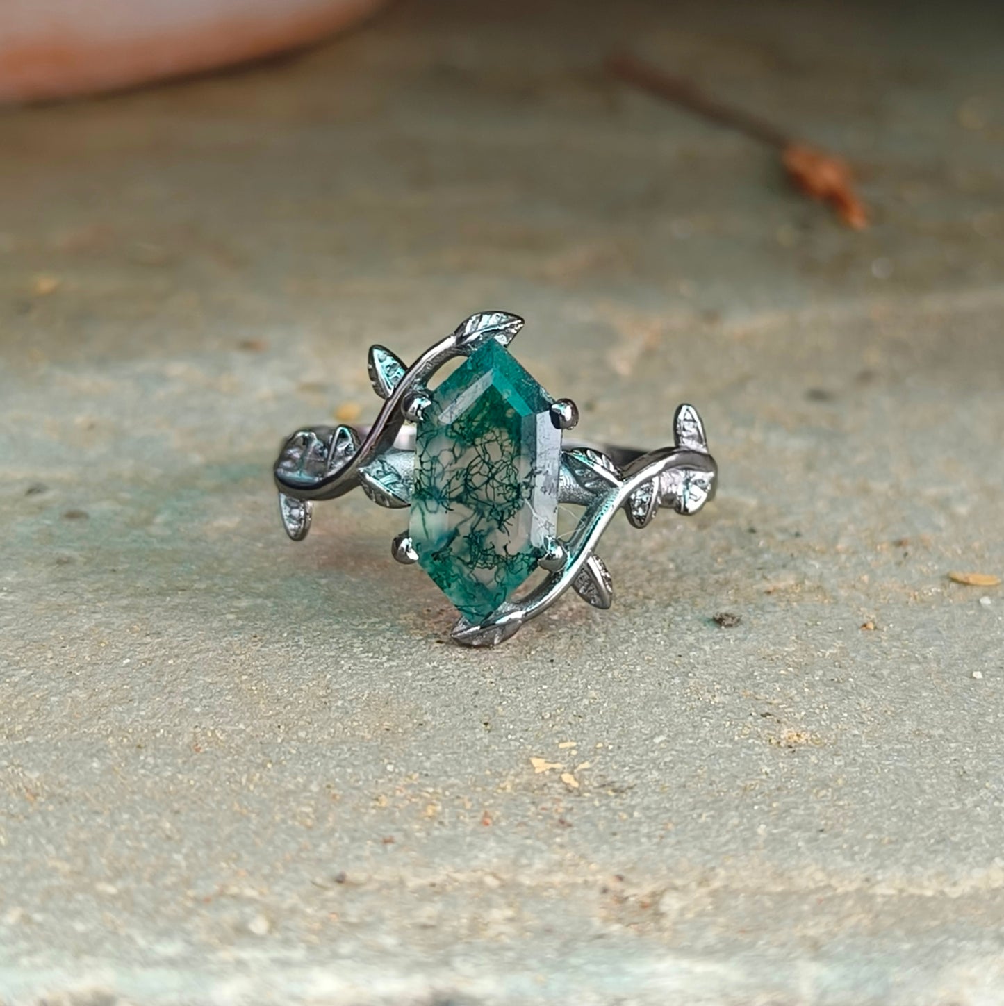 Witchy Moss Agate Leaf Ring 925 Sterling Silver | SilverForestaa - SILVERFORESTAA