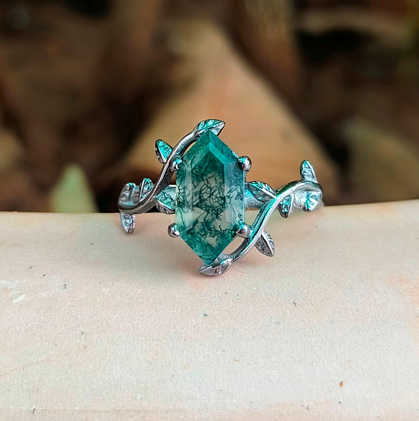 Witchy Moss Agate Leaf Ring 925 Sterling Silver | SilverForestaa - SILVERFORESTAA
