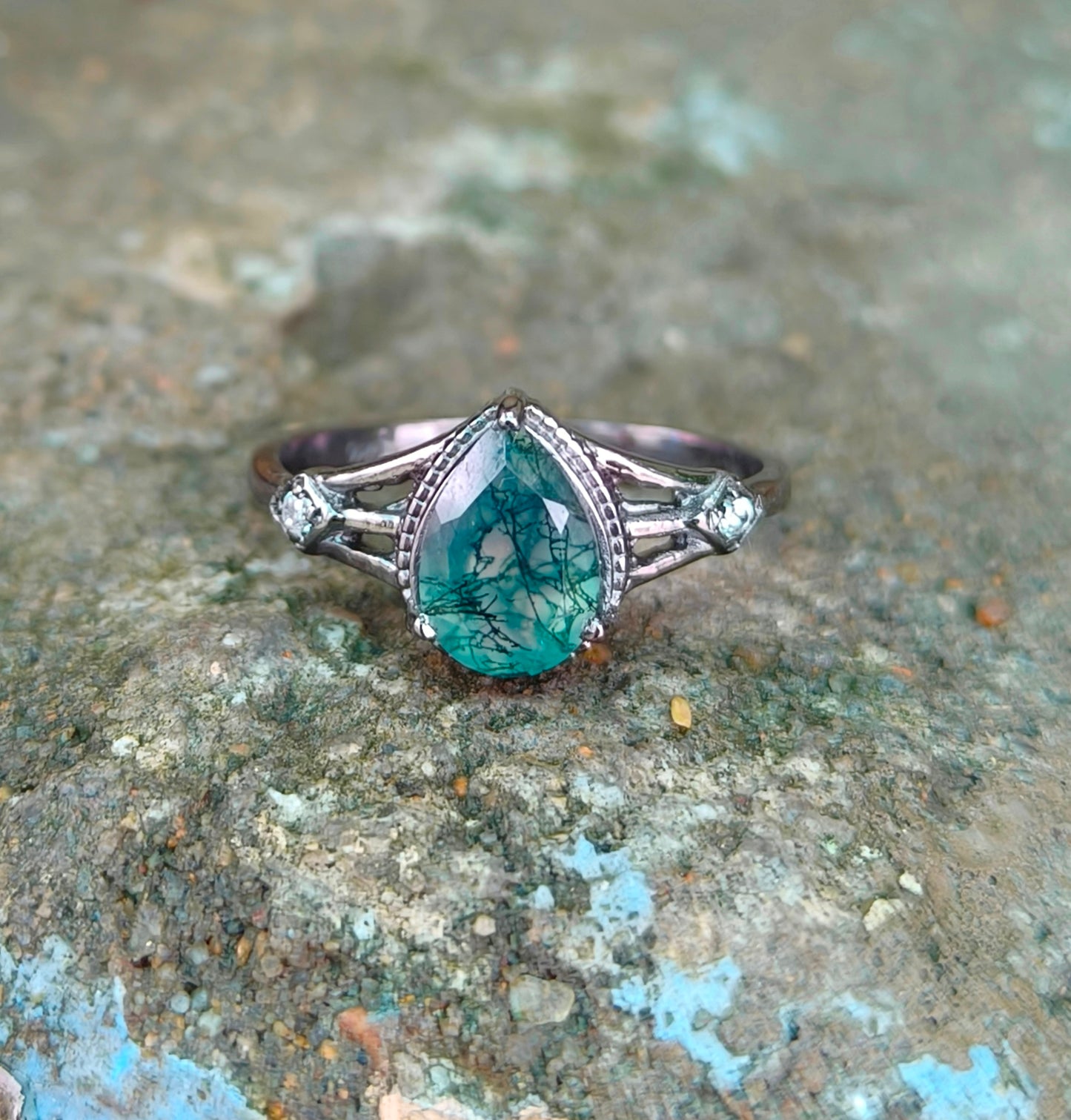 Moss Agate Engagement Ring 925 Silver | SilverForestaa - SILVERFORESTAA