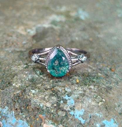 Moss Agate Engagement Ring 925 Silver | SilverForestaa - SILVERFORESTAA