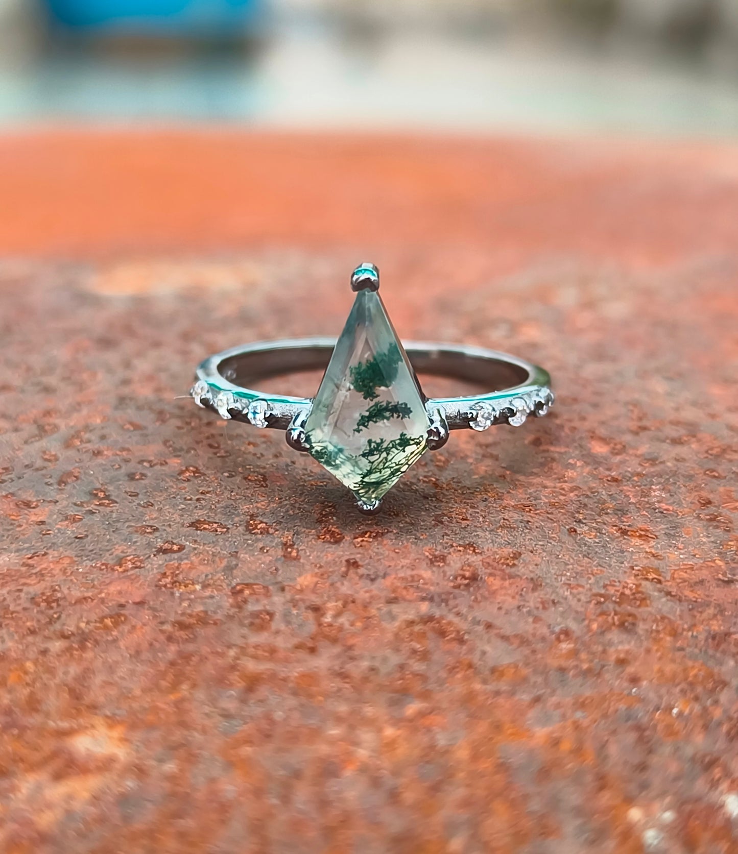 Minimalist Moss Agate Kite Ring | SilverForestaa - SILVERFORESTAA