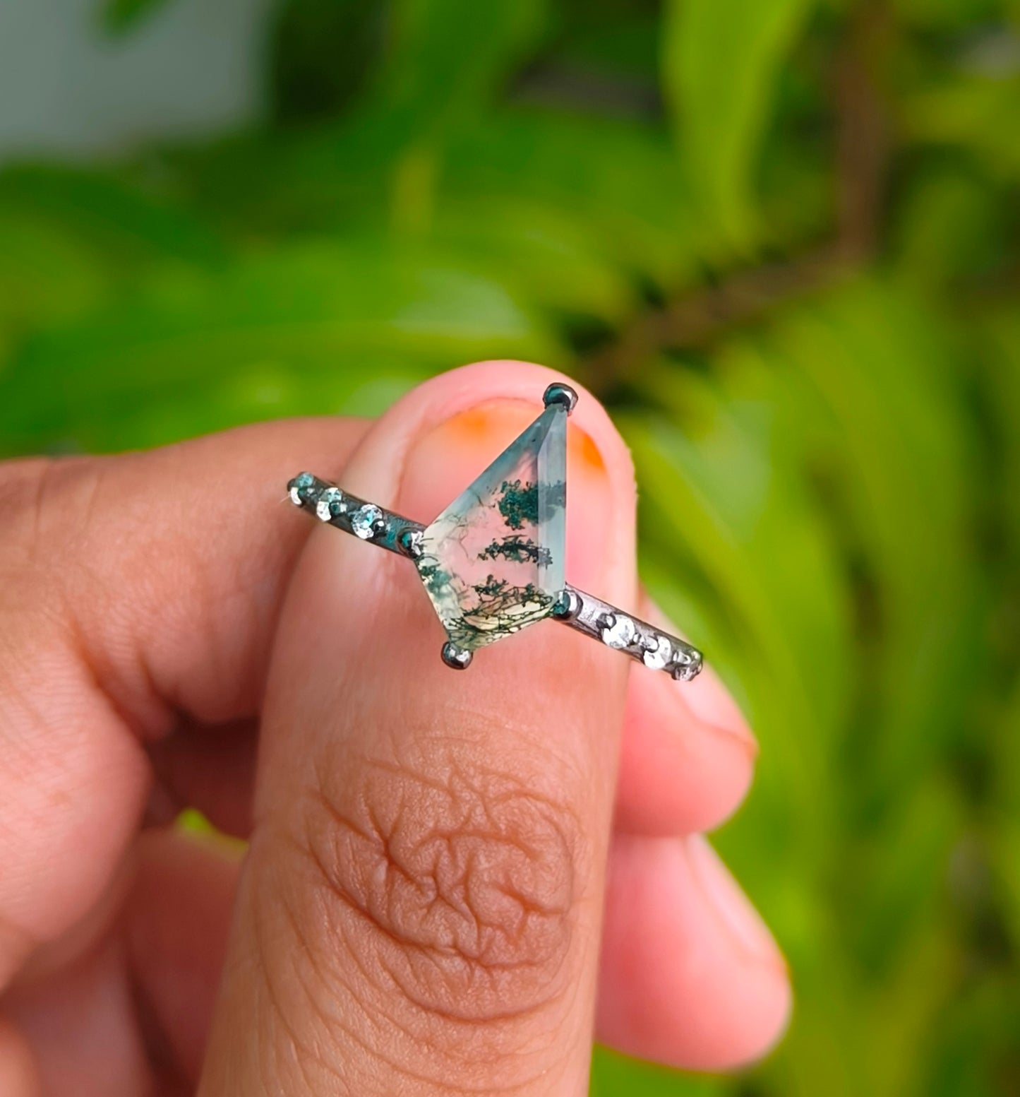 Minimalist Moss Agate Kite Ring | SilverForestaa - SILVERFORESTAA