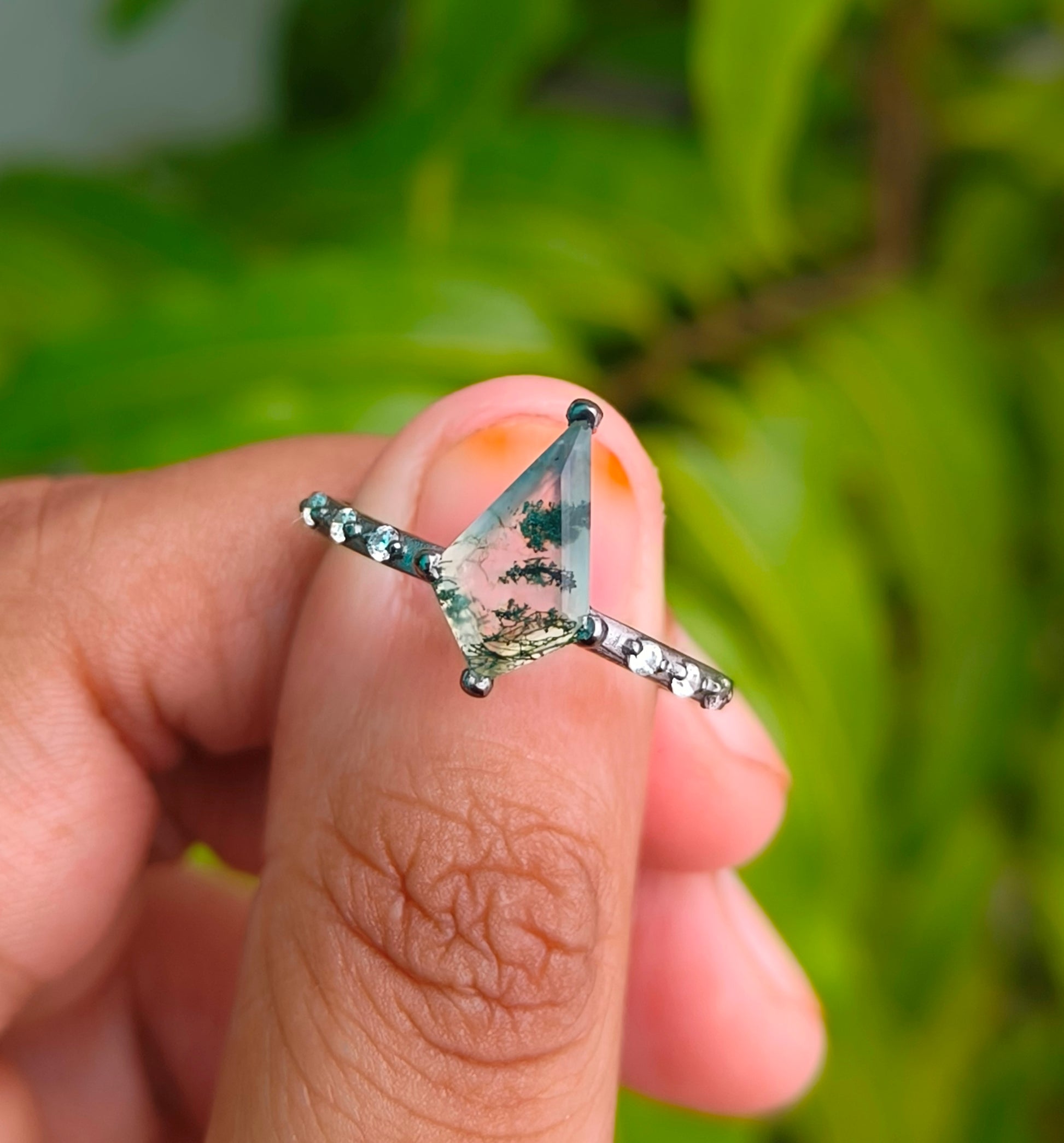 Minimalist Moss Agate Kite Ring | SilverForestaa - SILVERFORESTAA