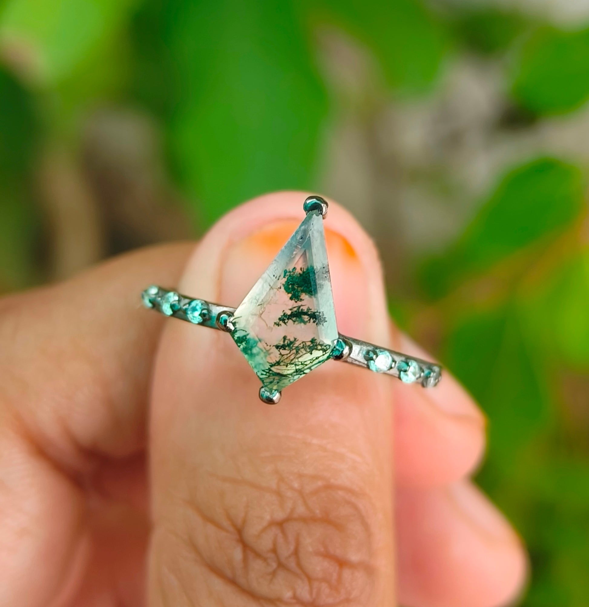 Minimalist Moss Agate Kite Ring | SilverForestaa - SILVERFORESTAA