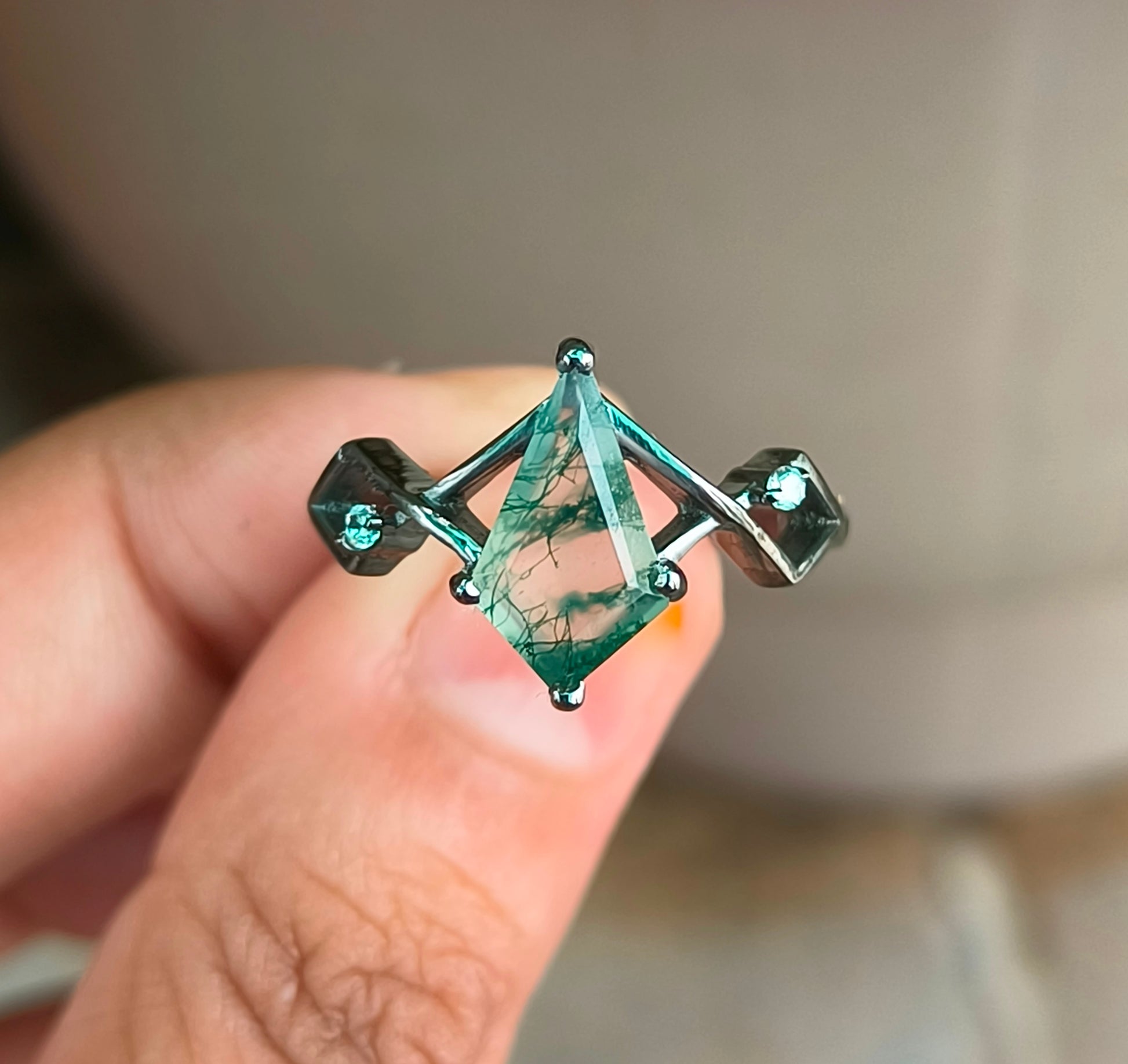 Kite Moss Agate Dainty Engagement Ring – 925 Silver - SILVERFORESTAA