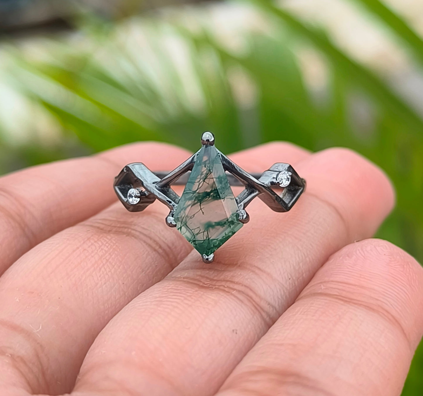 Kite Moss Agate Dainty Engagement Ring – 925 Silver - SILVERFORESTAA