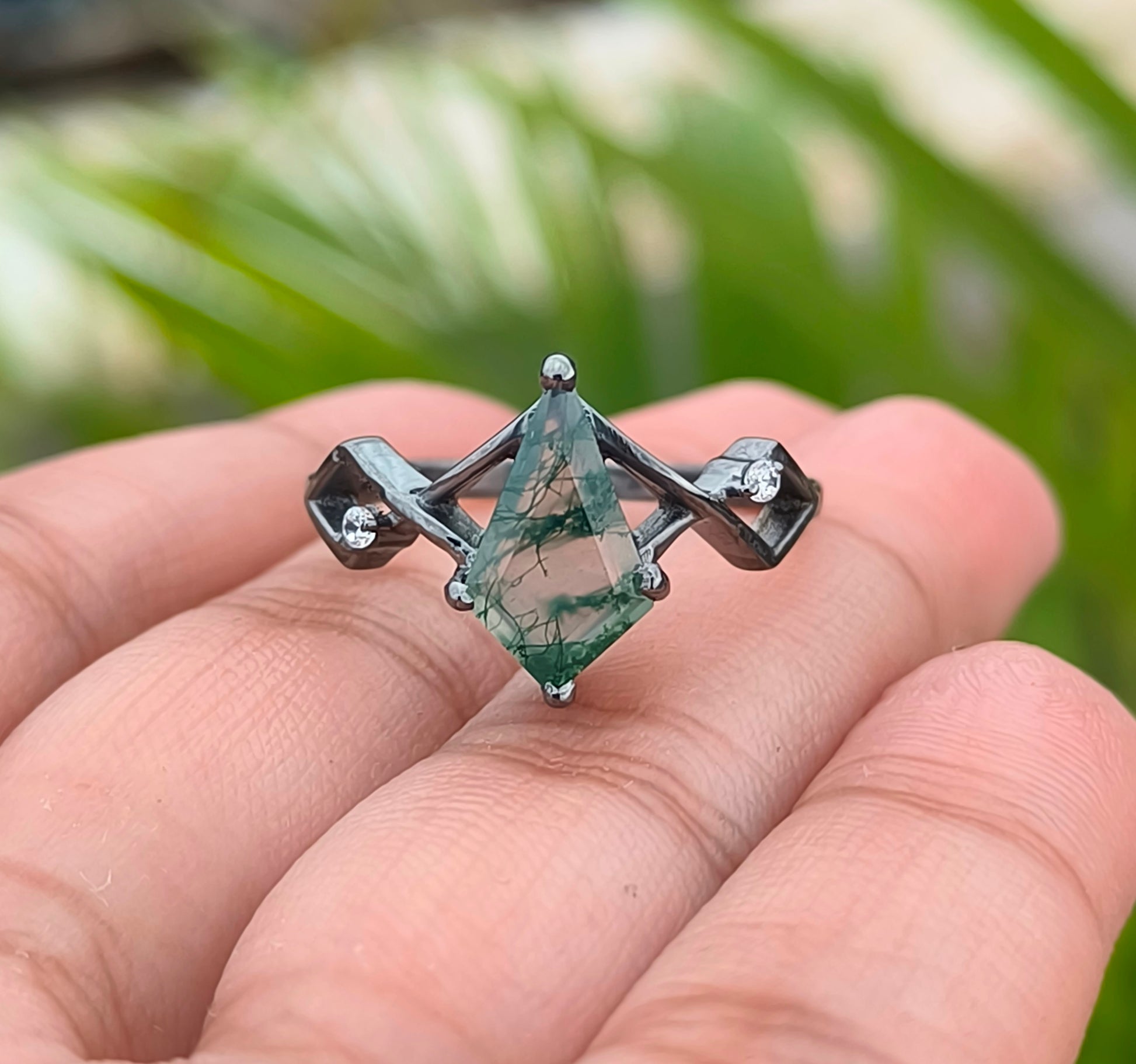 Kite Moss Agate Dainty Engagement Ring – 925 Silver - SILVERFORESTAA