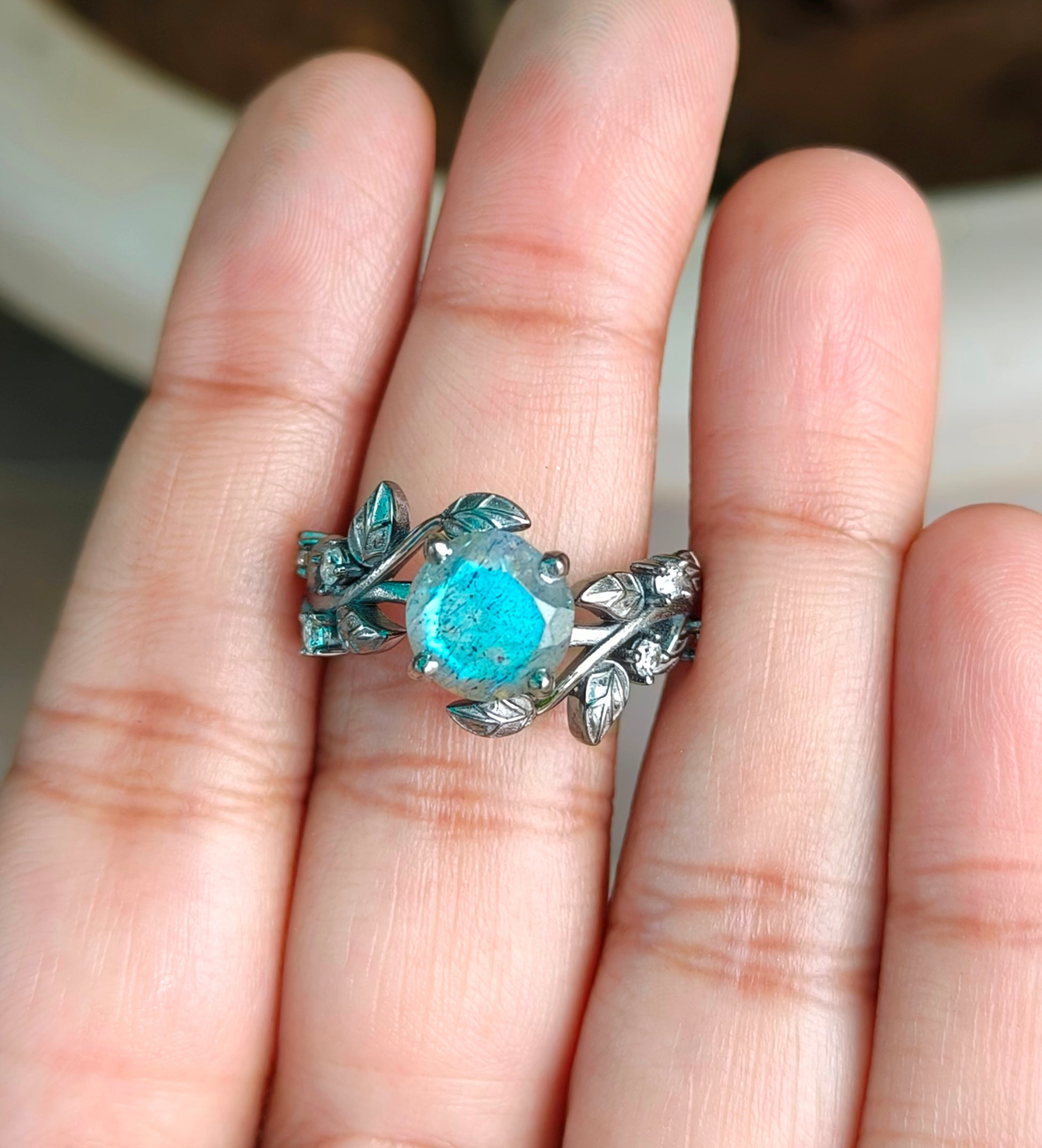 Labradorite Leaf Branch Engagement Ring – 925 Sterling Silver - SILVERFORESTAA