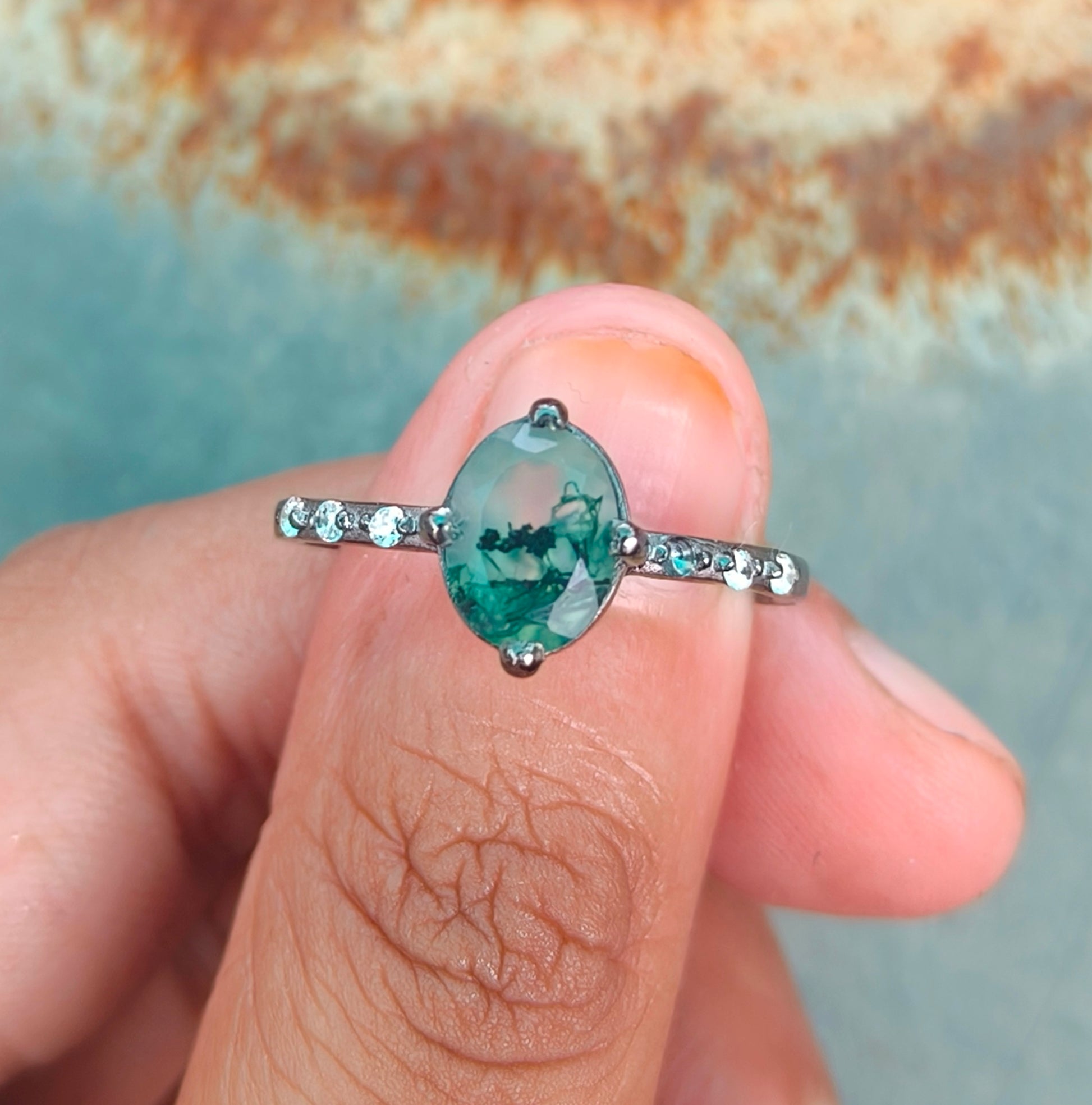 Oval Moss Agate Engagement Ring – Silverforestaa - SILVERFORESTAA